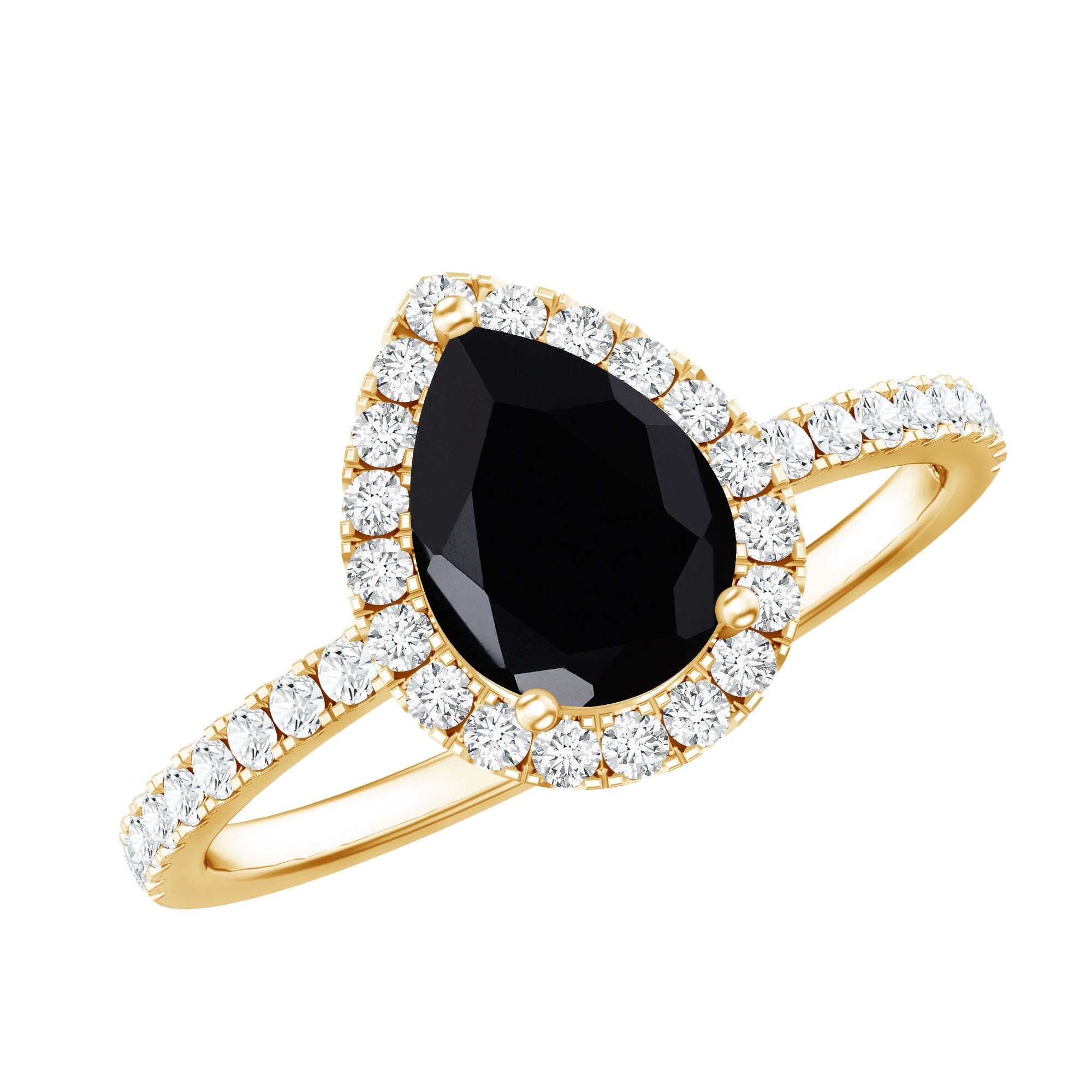 Natural Black Spinel Pear Shaped Engagement Ring with Diamond Halo