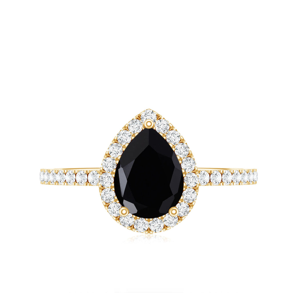 Natural Black Spinel Pear Shaped Engagement Ring with Diamond Halo