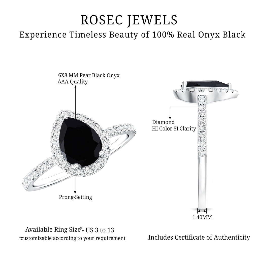 1 Carat Black Onyx Pear Engagement Ring with Diamond Halo