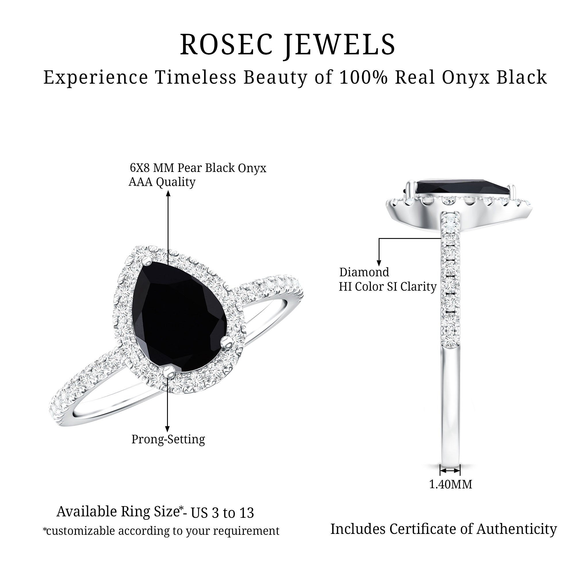 1 Carat Black Onyx Pear Engagement Ring with Diamond Halo