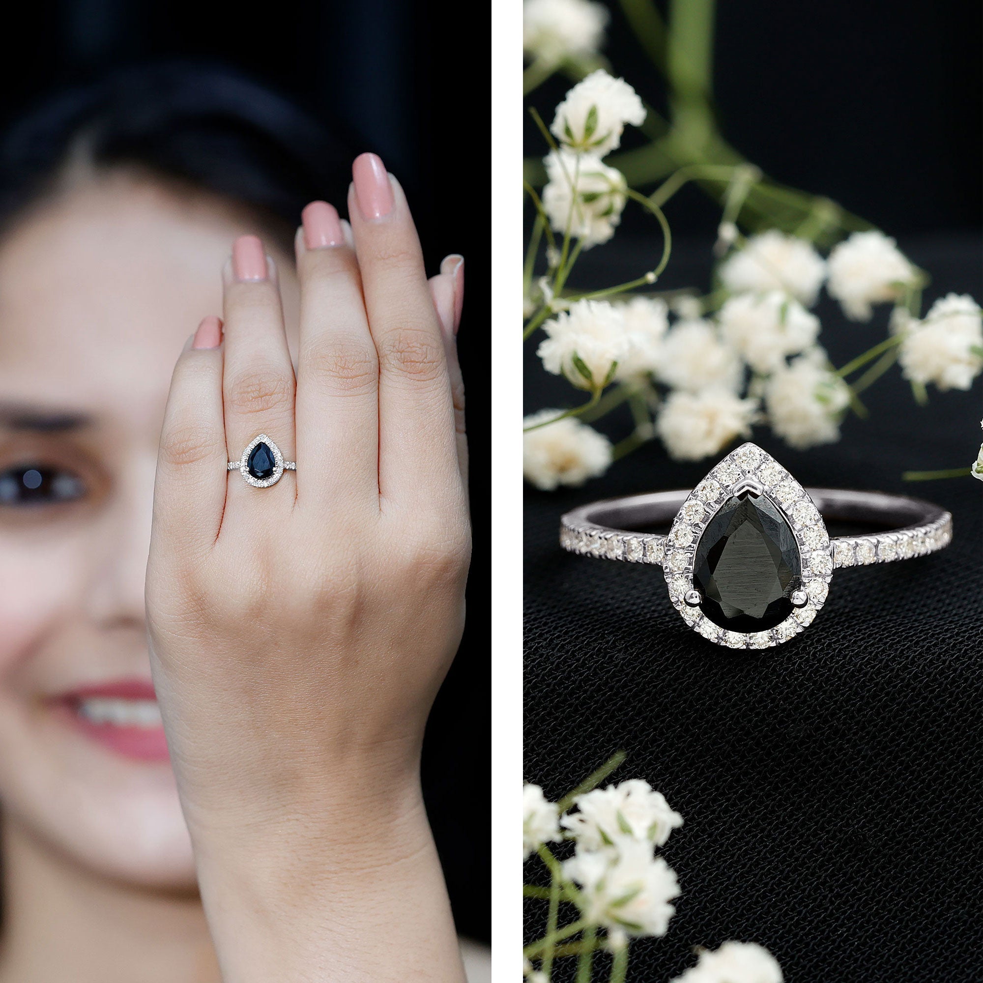 1 Carat Black Onyx Pear Engagement Ring with Diamond Halo