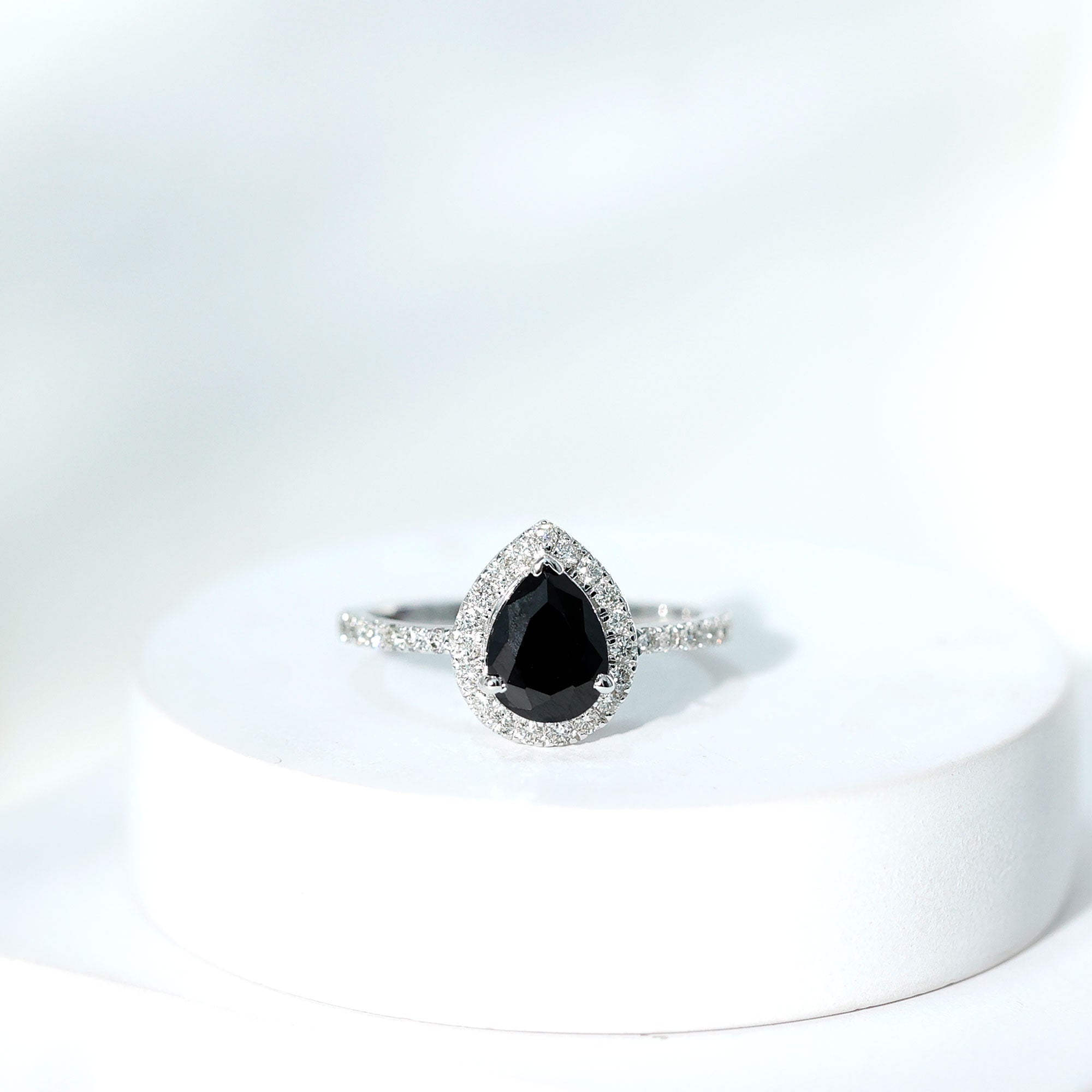1 Carat Black Onyx Pear Engagement Ring with Diamond Halo