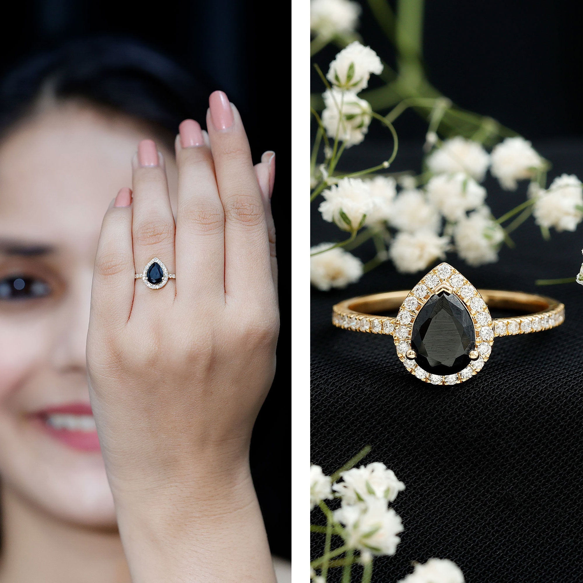1 Carat Black Onyx Pear Engagement Ring with Diamond Halo
