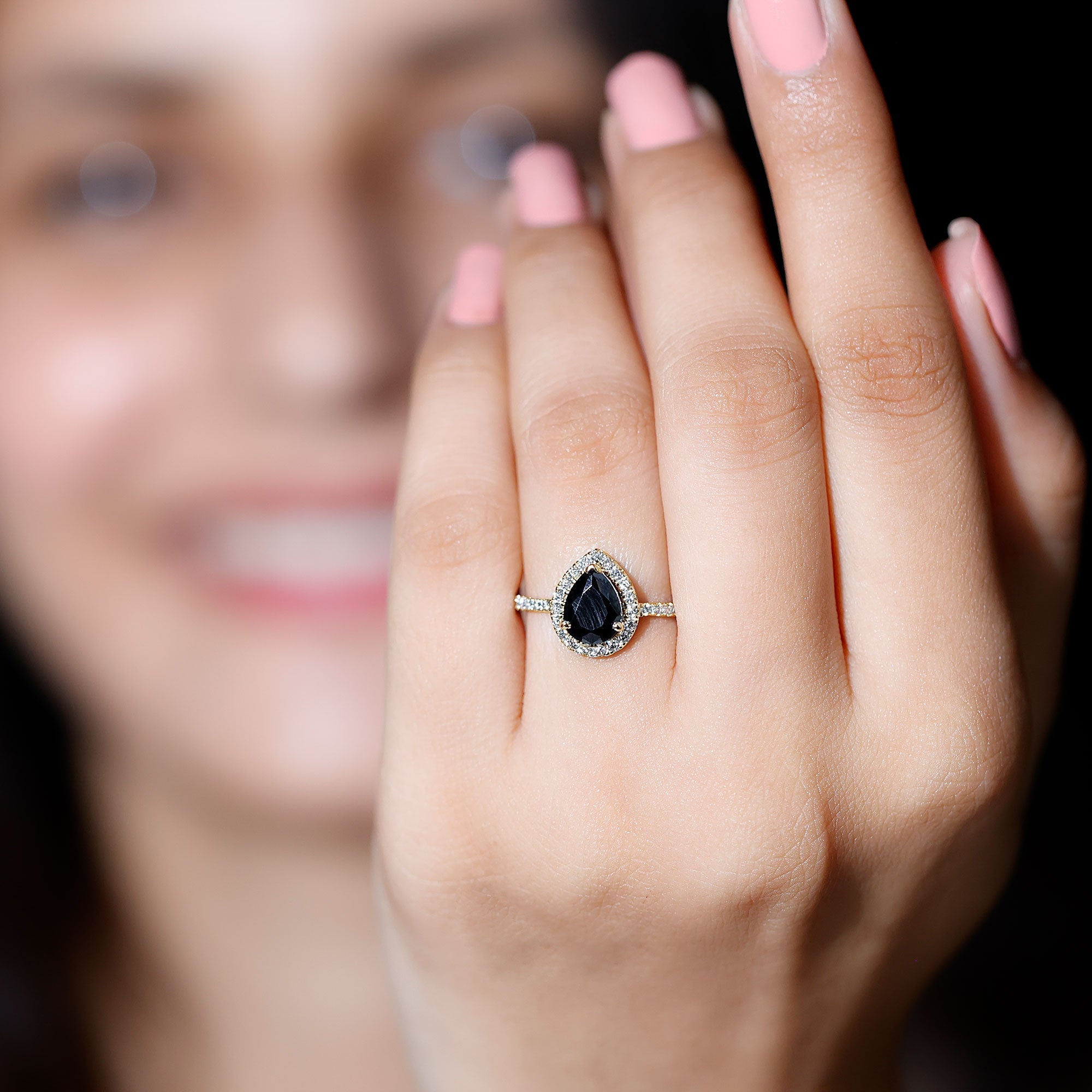1 Carat Black Onyx Pear Engagement Ring with Diamond Halo