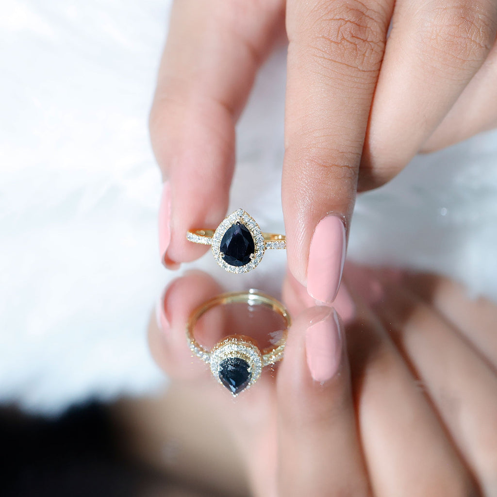 1 Carat Black Onyx Pear Engagement Ring with Diamond Halo