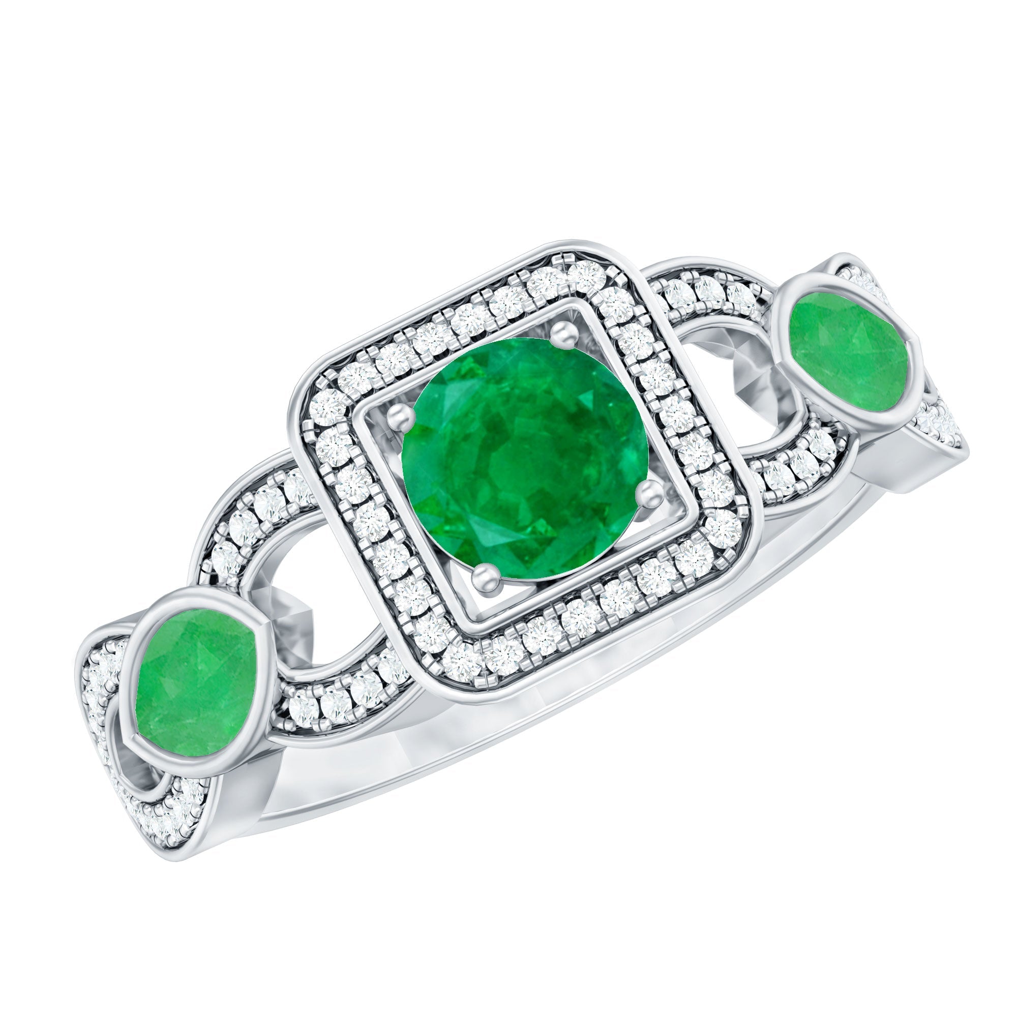 Vintage Emerald Engagement Ring – Diamond Halo Ring with Marquise Emeralds