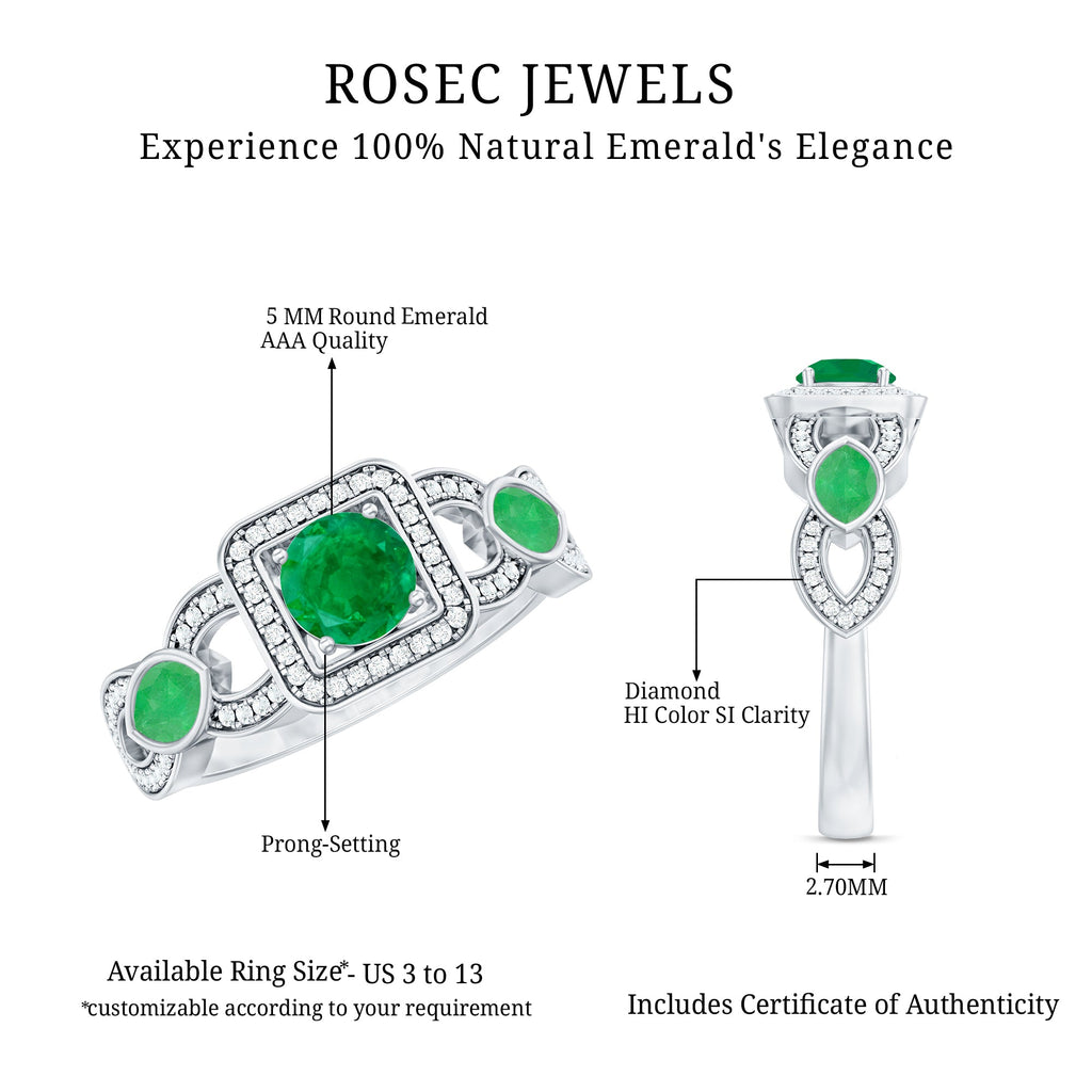 Vintage Emerald Engagement Ring – Diamond Halo Ring with Marquise Emeralds
