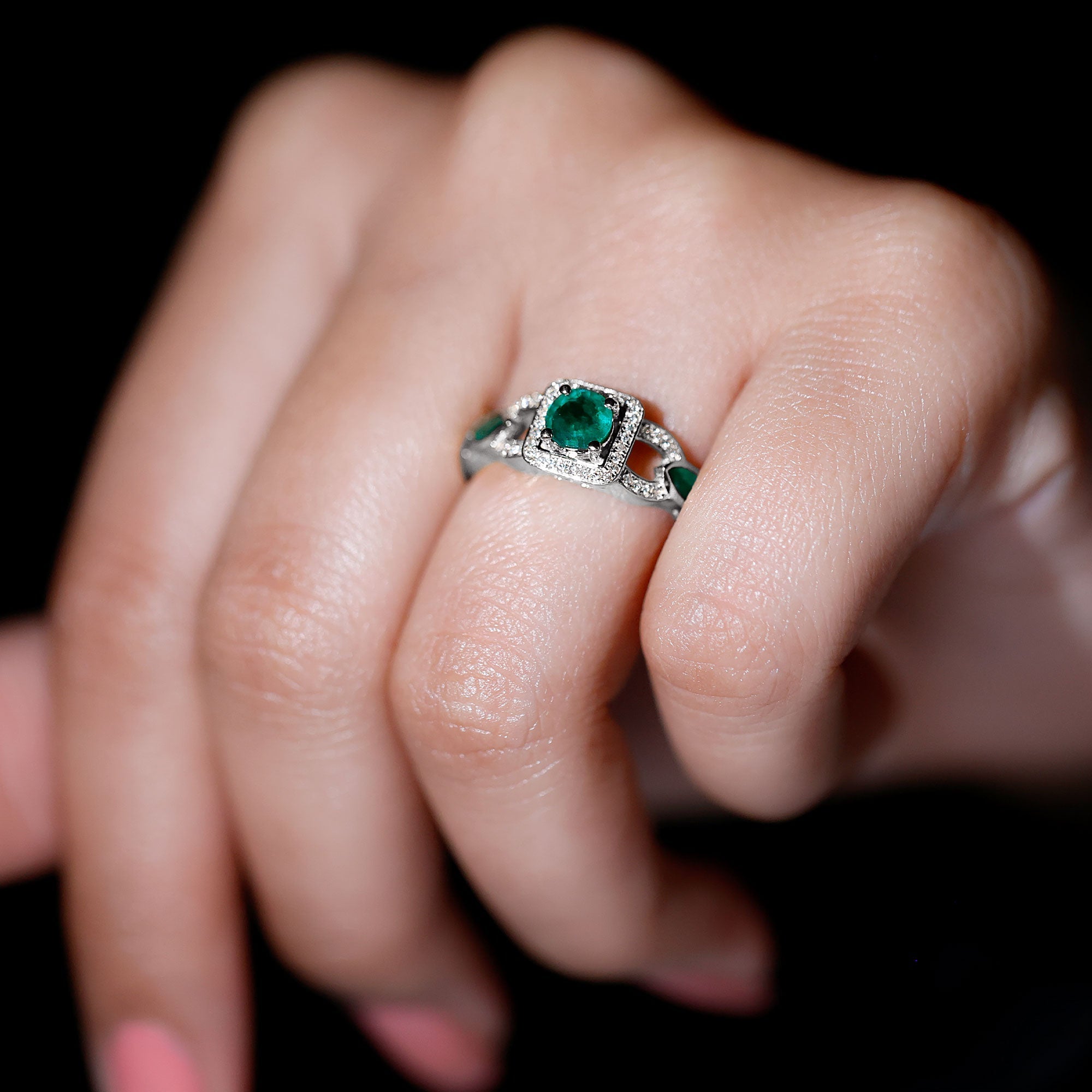Vintage Emerald Engagement Ring – Diamond Halo Ring with Marquise Emeralds