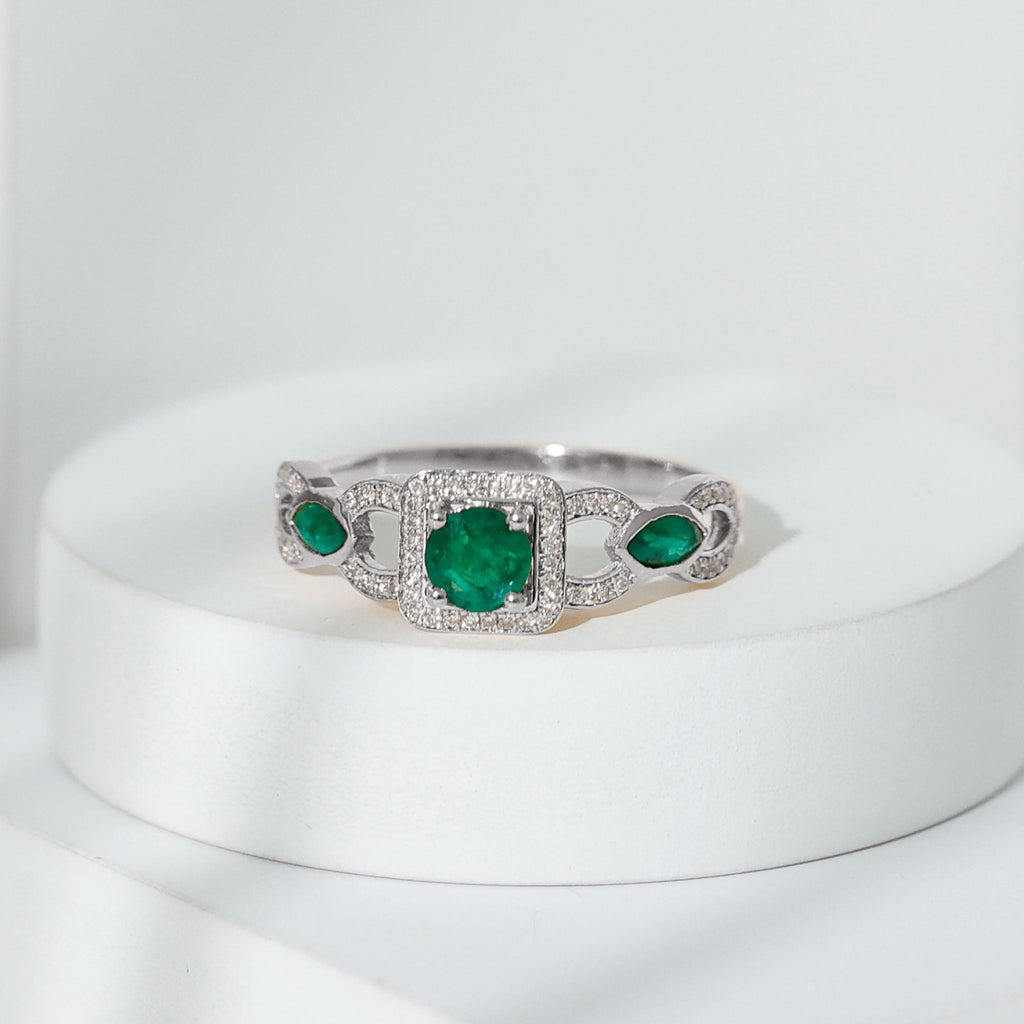 Vintage Emerald Engagement Ring – Diamond Halo Ring with Marquise Emeralds
