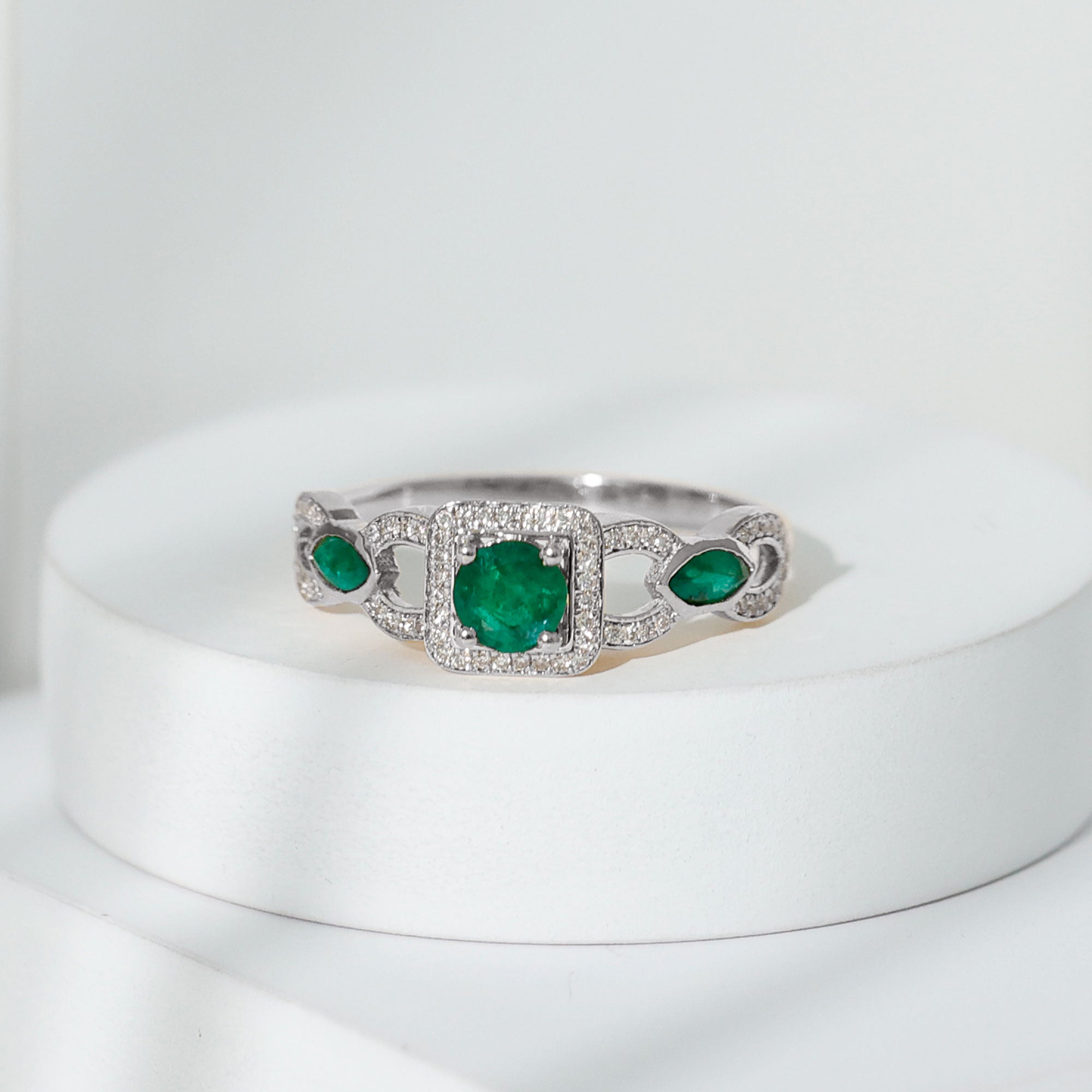 Vintage Emerald Engagement Ring – Diamond Halo Ring with Marquise Emeralds