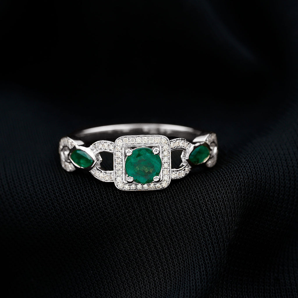 Vintage Emerald Engagement Ring – Diamond Halo Ring with Marquise Emeralds