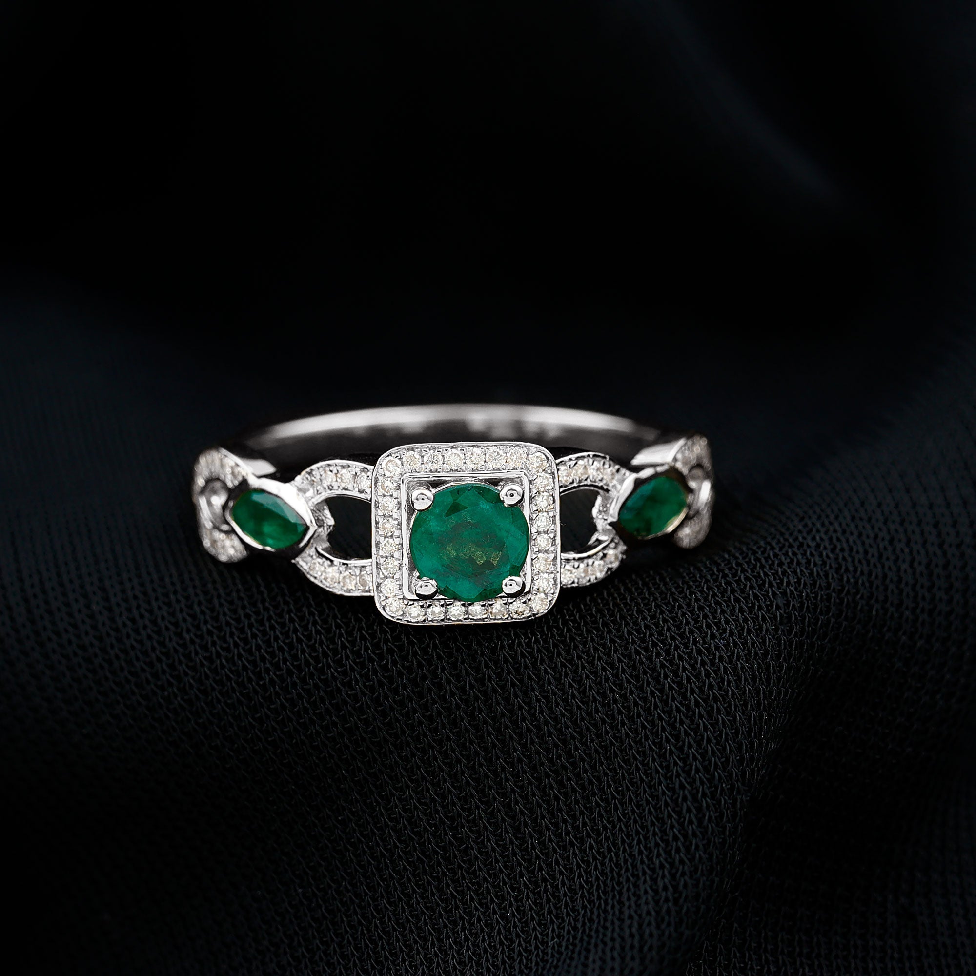 Vintage Emerald Engagement Ring – Diamond Halo Ring with Marquise Emeralds