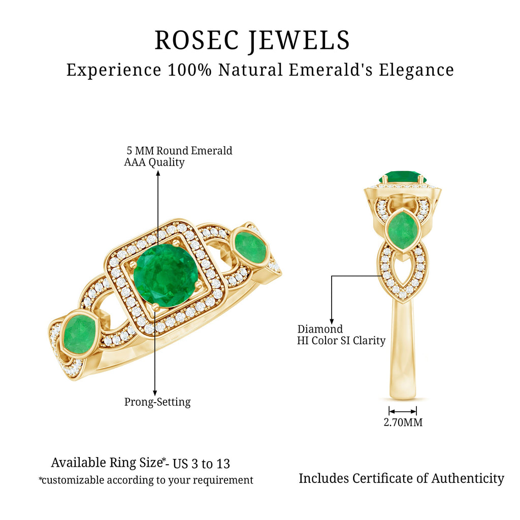 Vintage Emerald Engagement Ring – Diamond Halo Ring with Marquise Emeralds