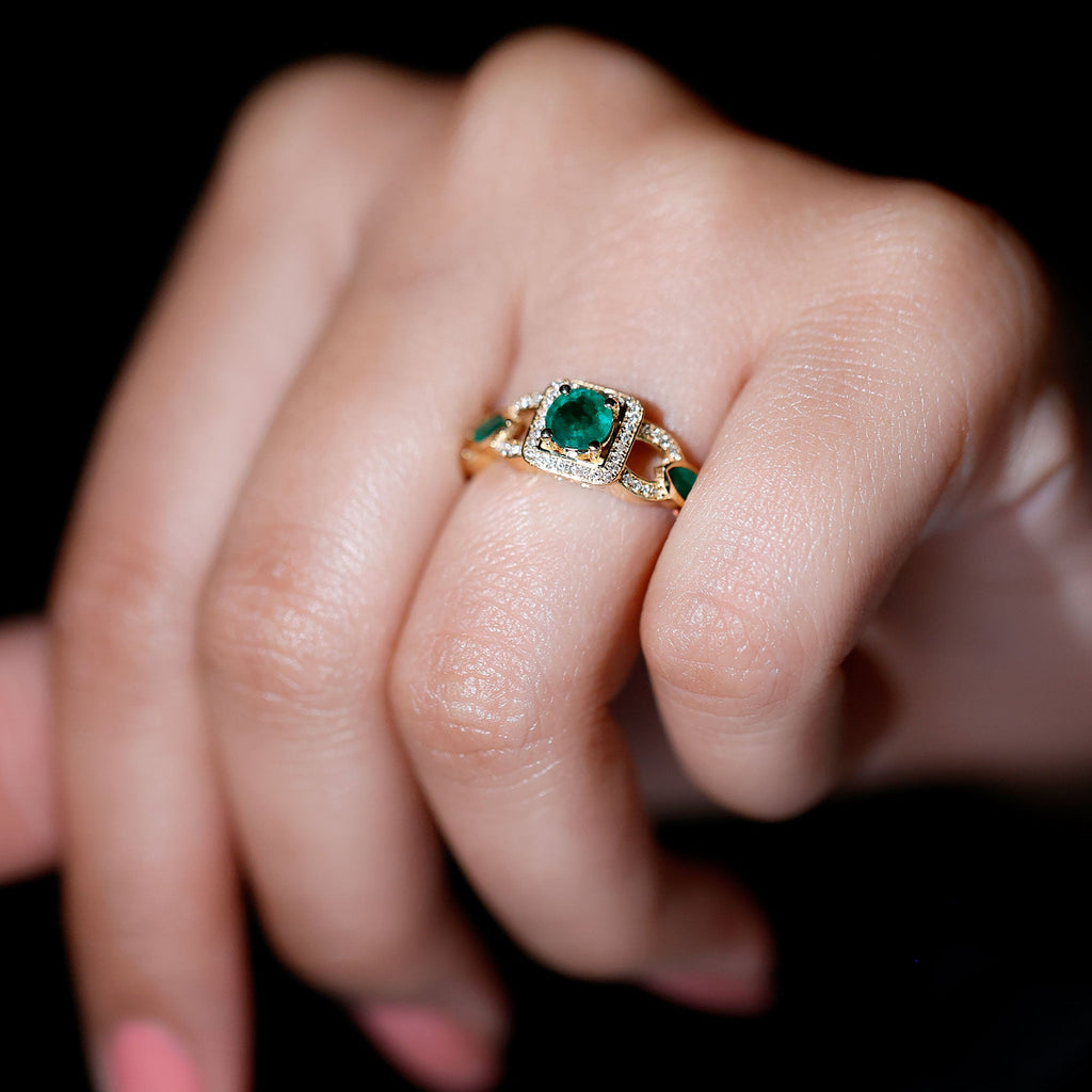Vintage Emerald Engagement Ring – Diamond Halo Ring with Marquise Emeralds