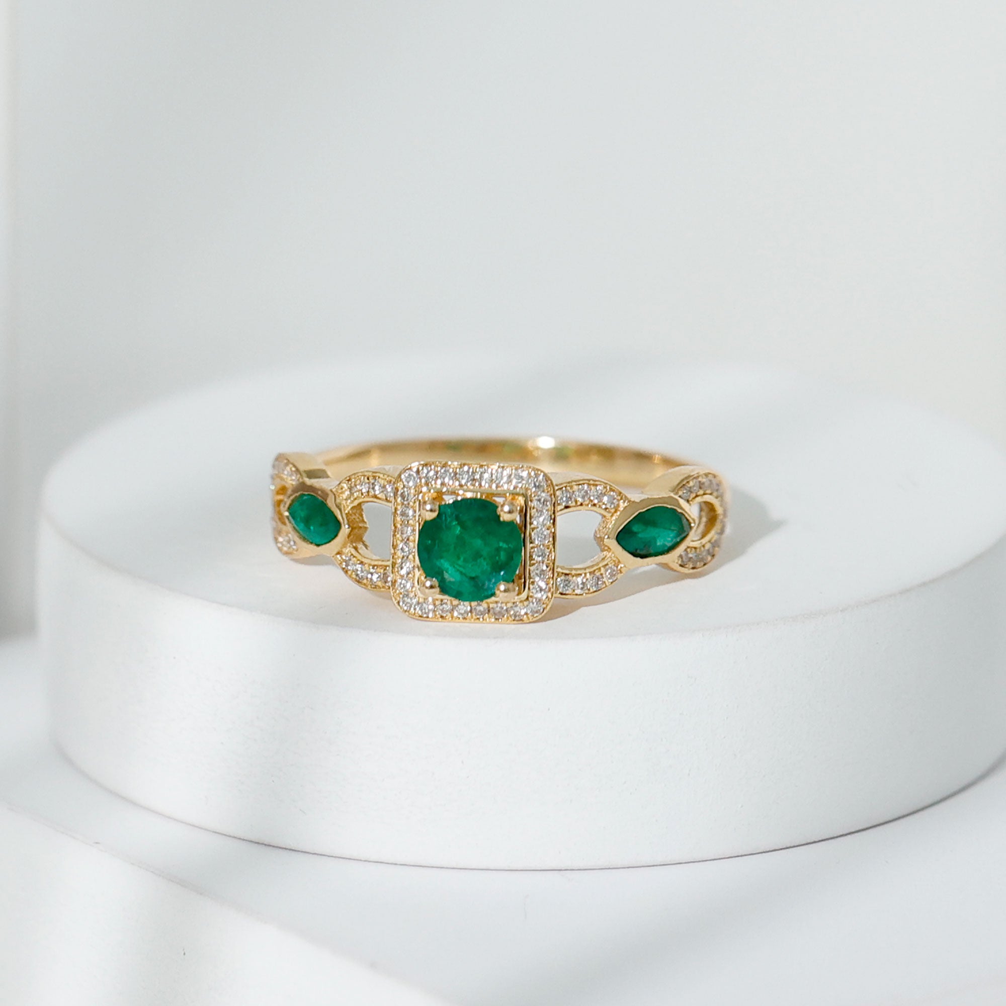 Vintage Emerald Engagement Ring – Diamond Halo Ring with Marquise Emeralds