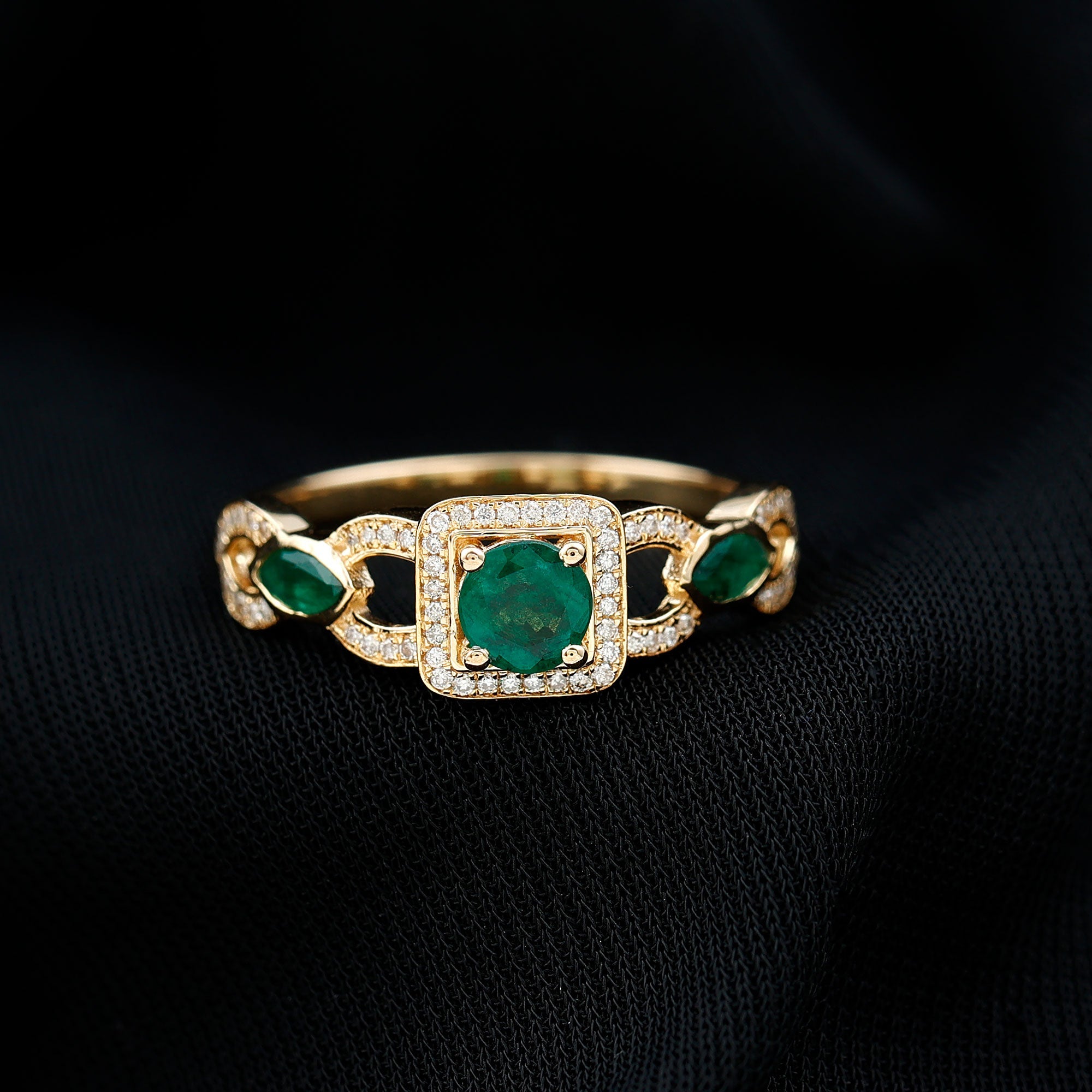 Vintage Emerald Engagement Ring – Diamond Halo Ring with Marquise Emeralds