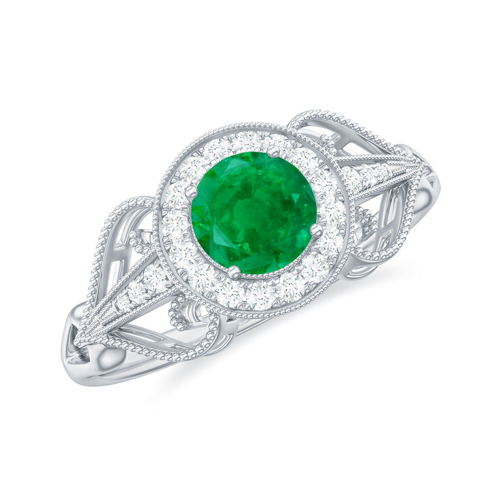 Emerald Engagement Ring – AAA Quality Vintage Halo Diamond Ring with Prong Setting