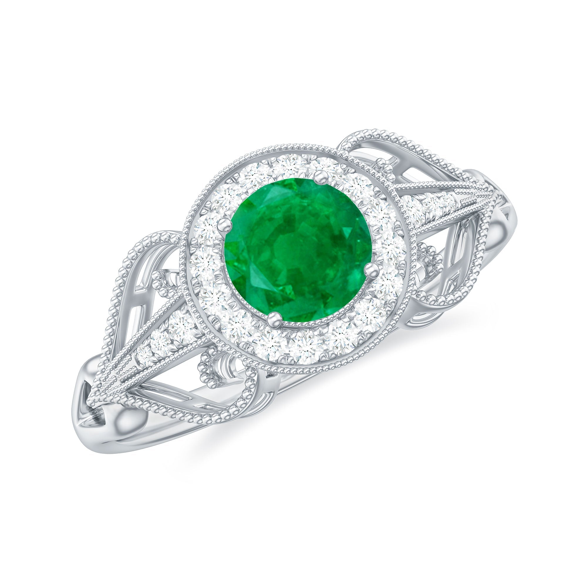 Emerald Engagement Ring – AAA Quality Vintage Halo Diamond Ring with Prong Setting