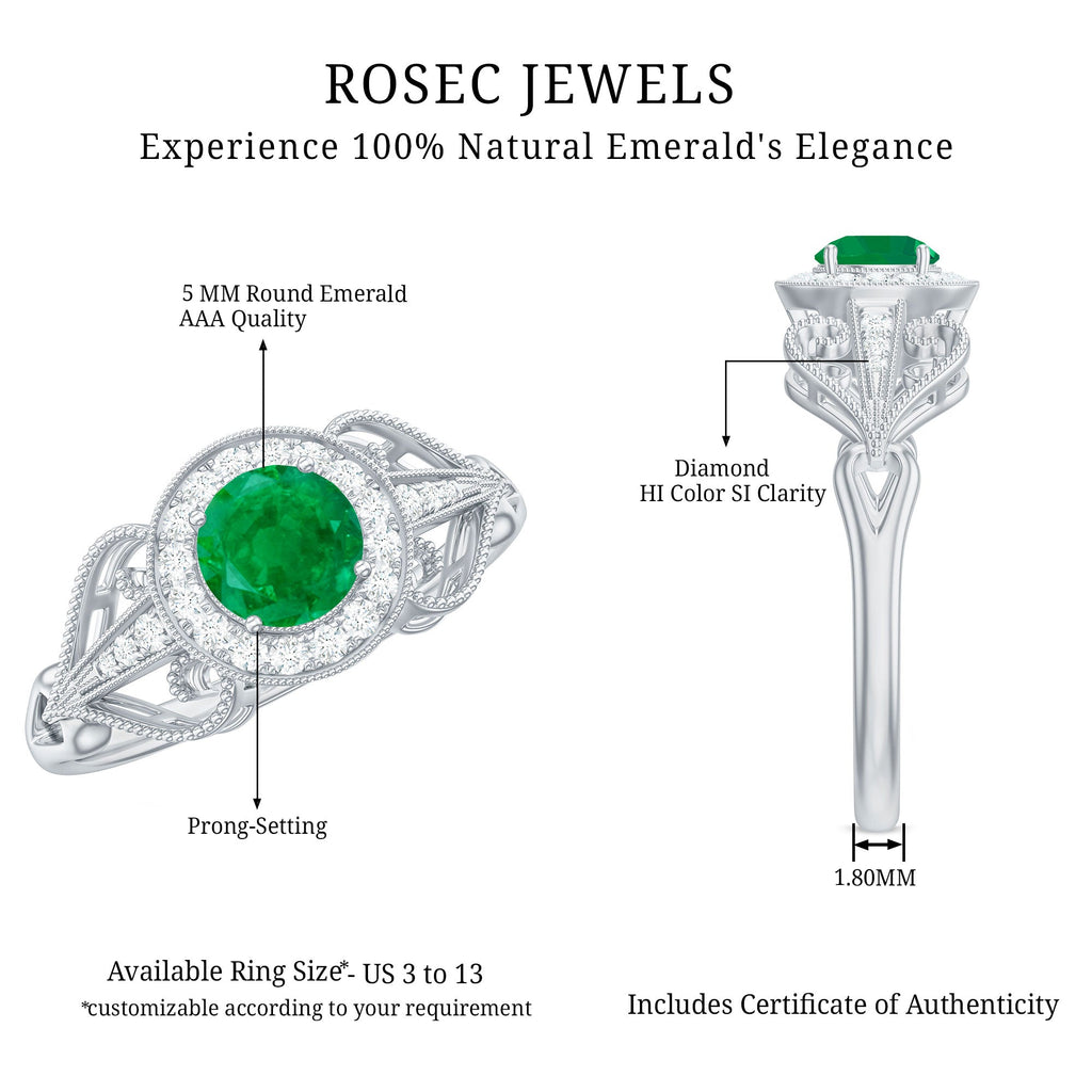 Emerald Engagement Ring – AAA Quality Vintage Halo Diamond Ring with Prong Setting