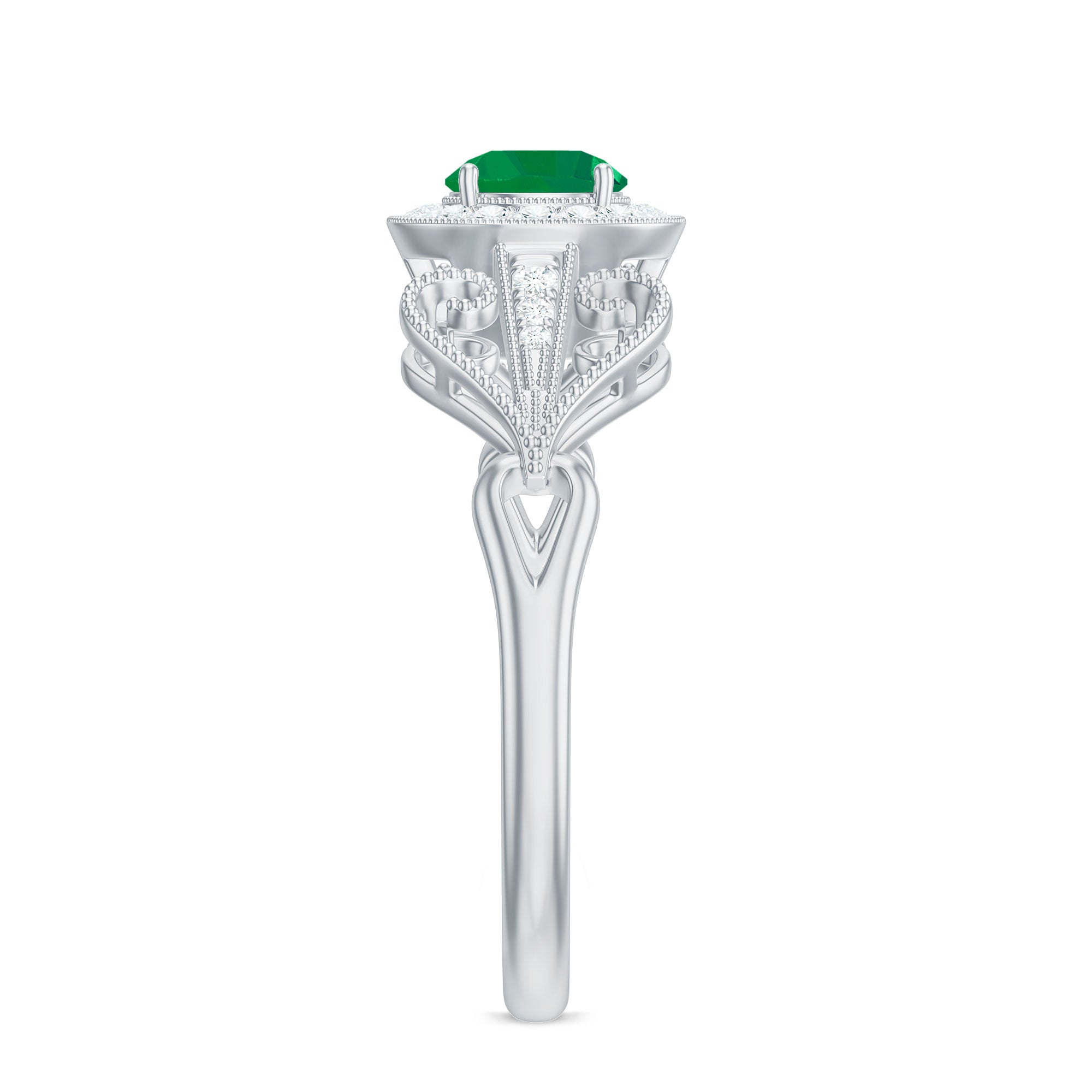 Emerald Engagement Ring – AAA Quality Vintage Halo Diamond Ring with Prong Setting
