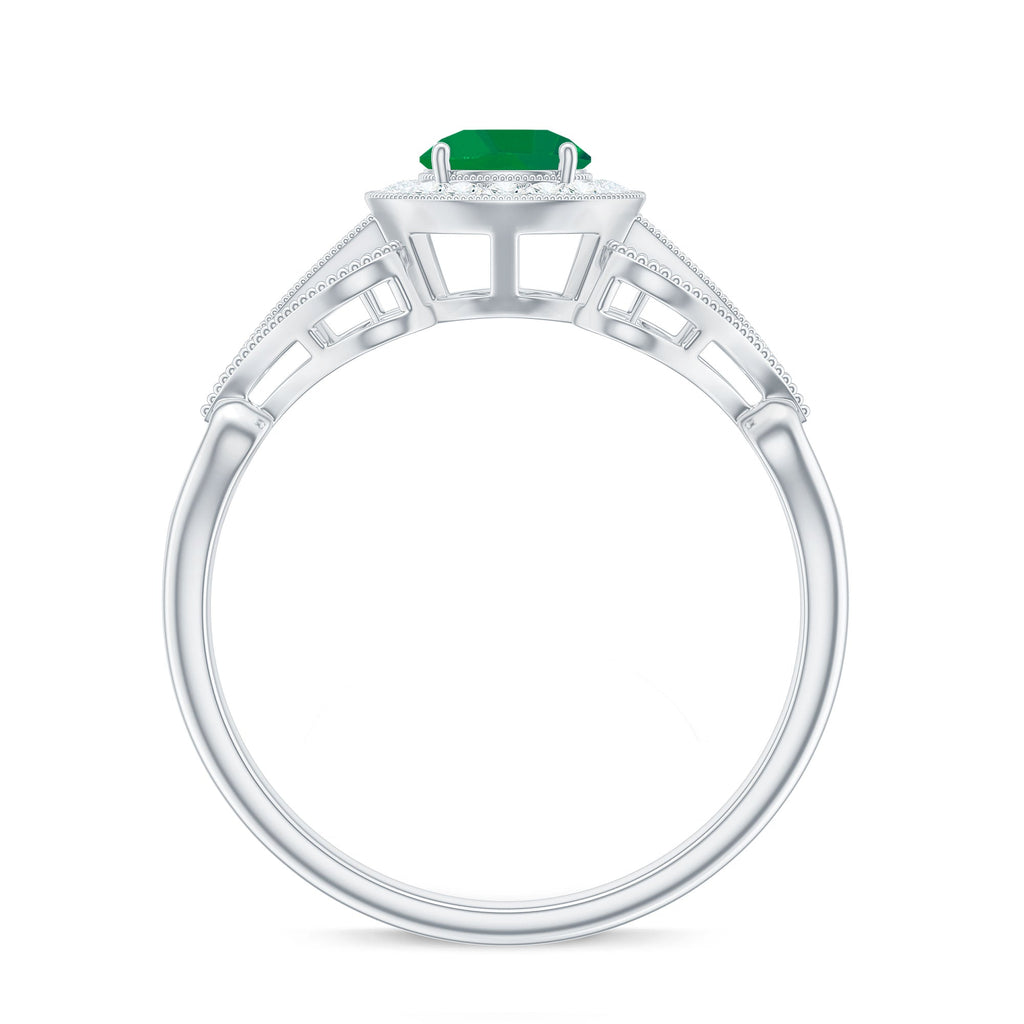 Emerald Engagement Ring – AAA Quality Vintage Halo Diamond Ring with Prong Setting