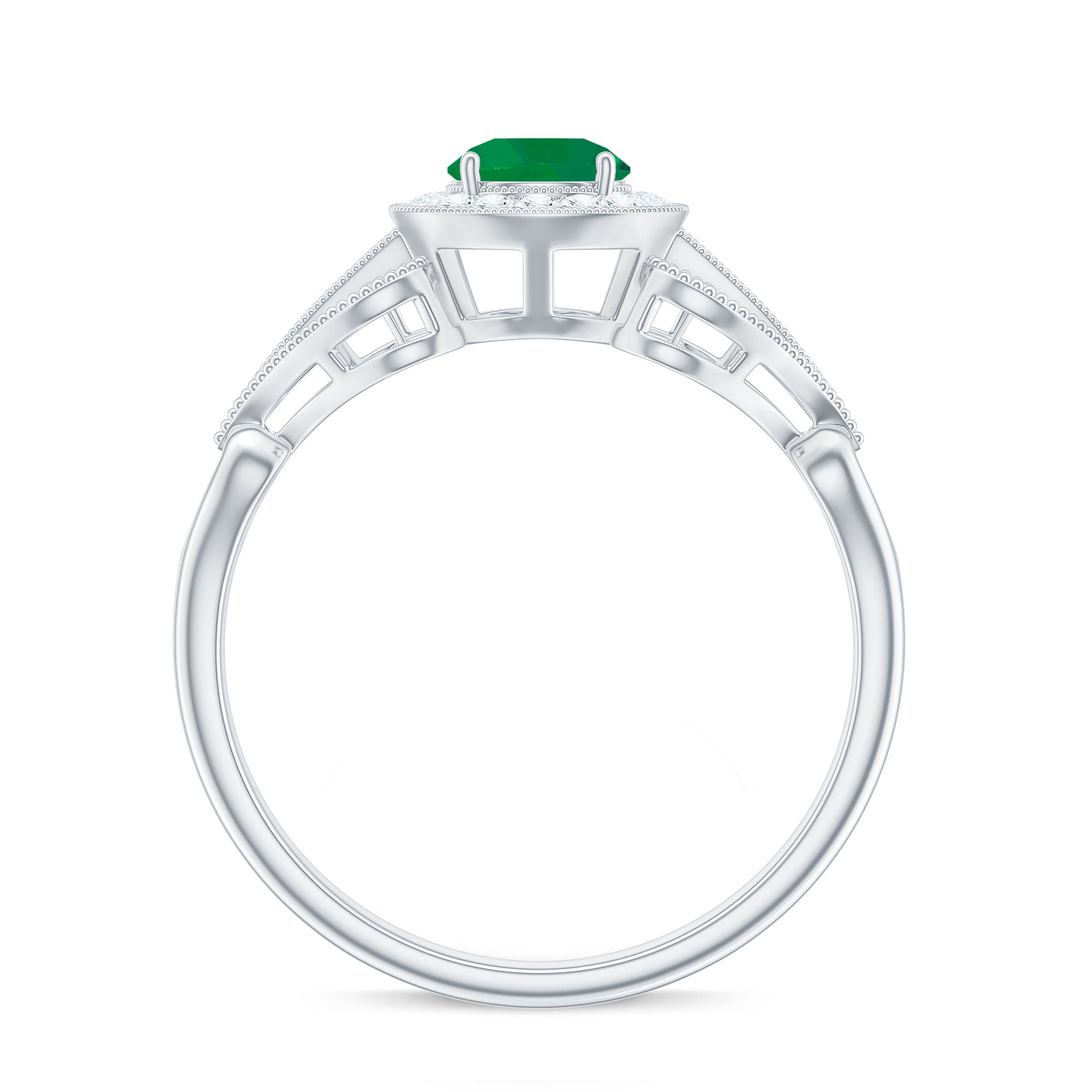 Emerald Engagement Ring – AAA Quality Vintage Halo Diamond Ring with Prong Setting