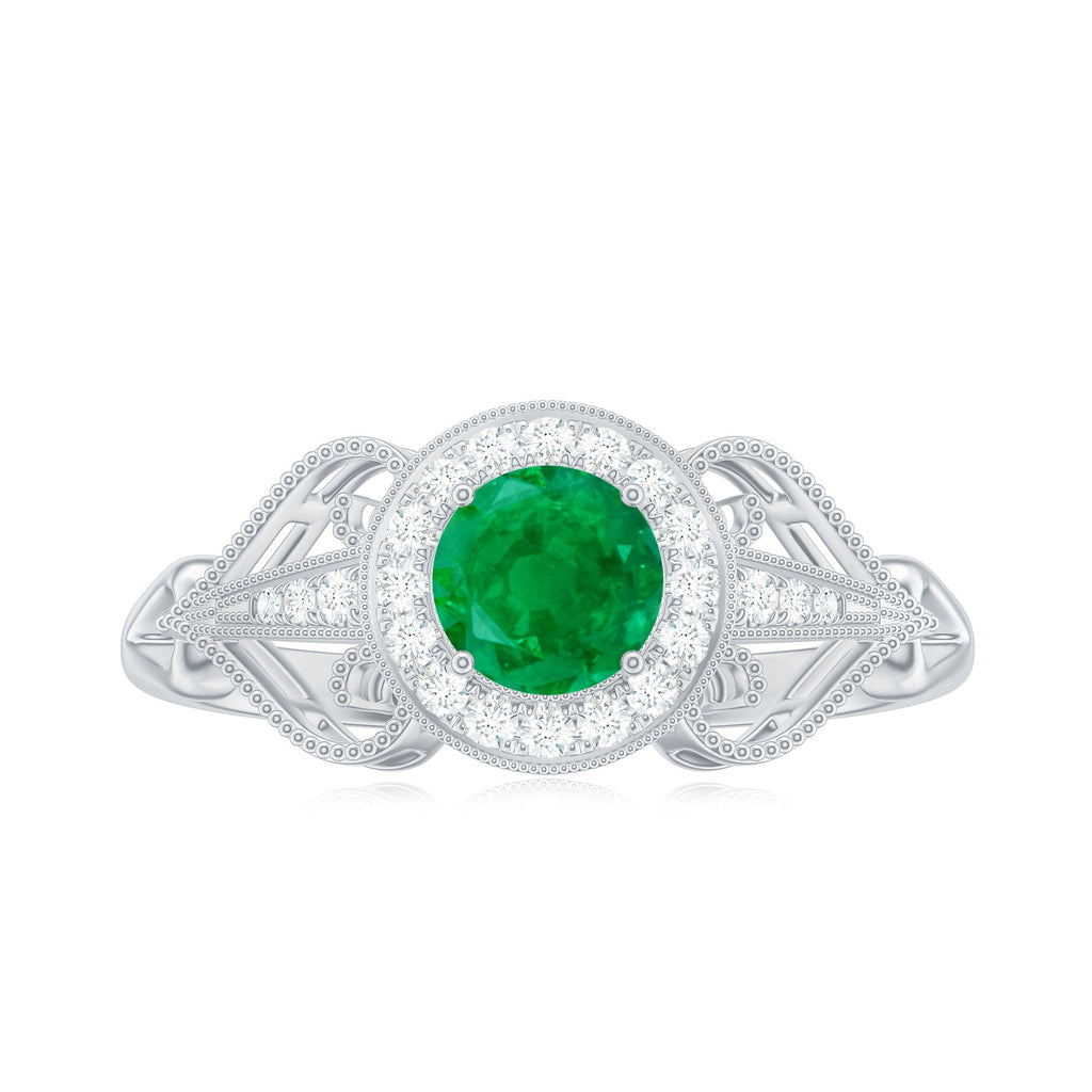 Emerald Engagement Ring – AAA Quality Vintage Halo Diamond Ring with Prong Setting