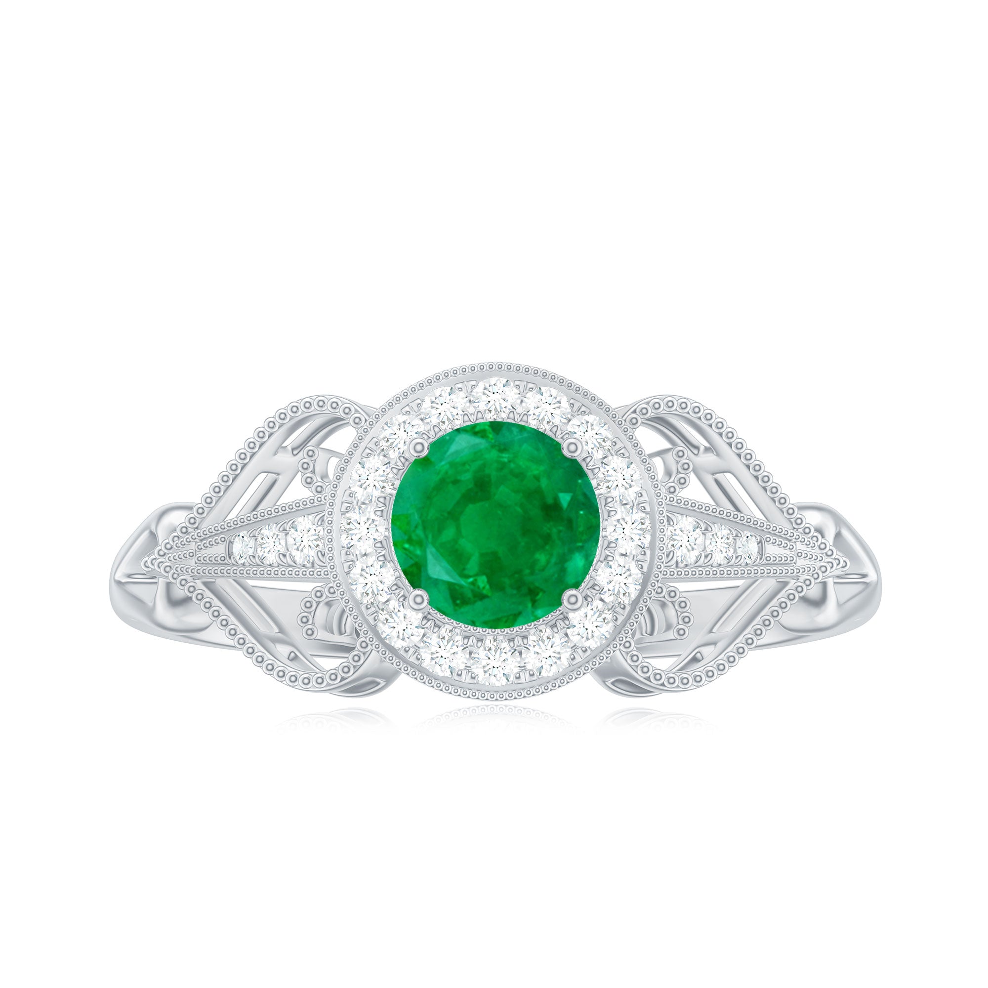Emerald Engagement Ring – AAA Quality Vintage Halo Diamond Ring with Prong Setting