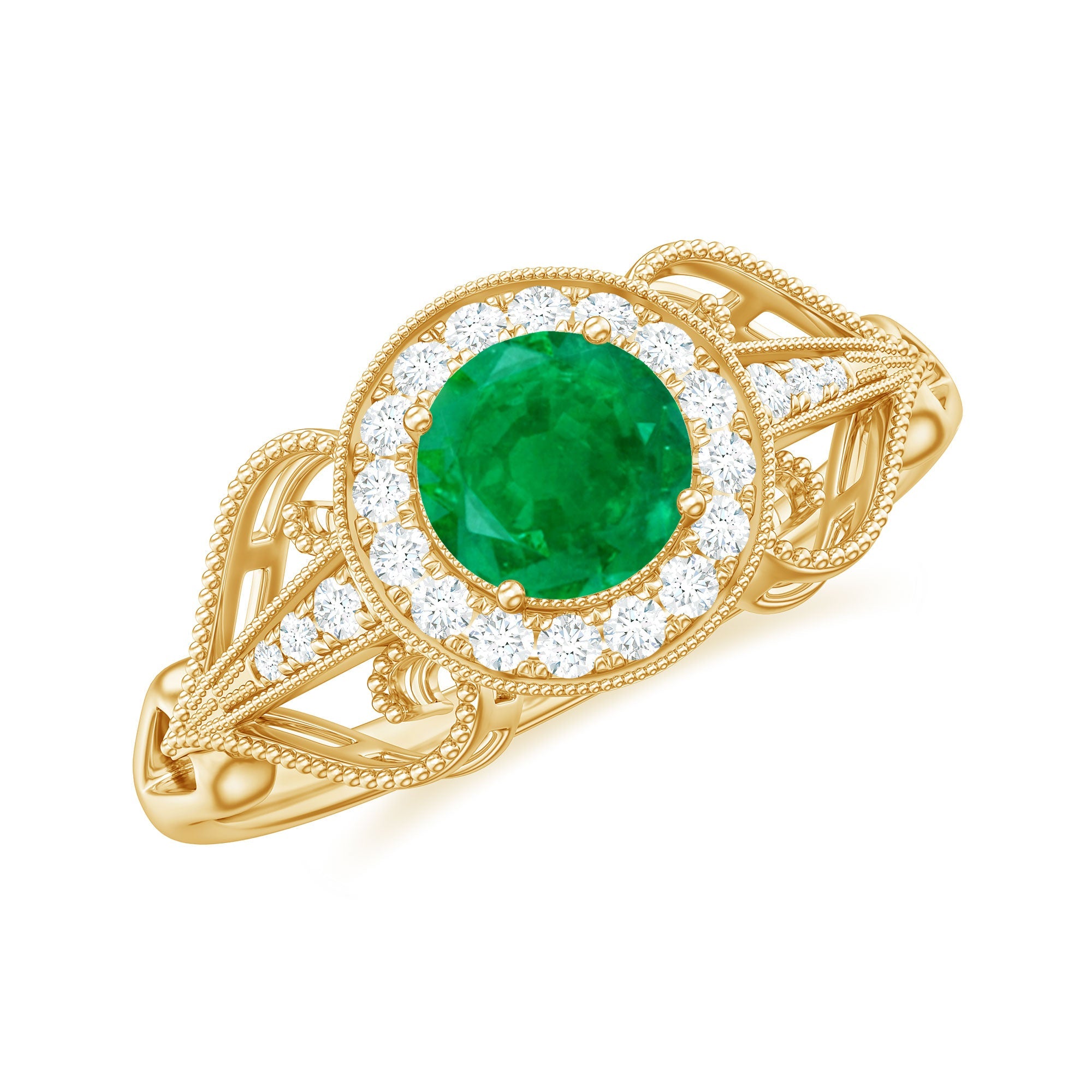 Emerald Engagement Ring – AAA Quality Vintage Halo Diamond Ring with Prong Setting