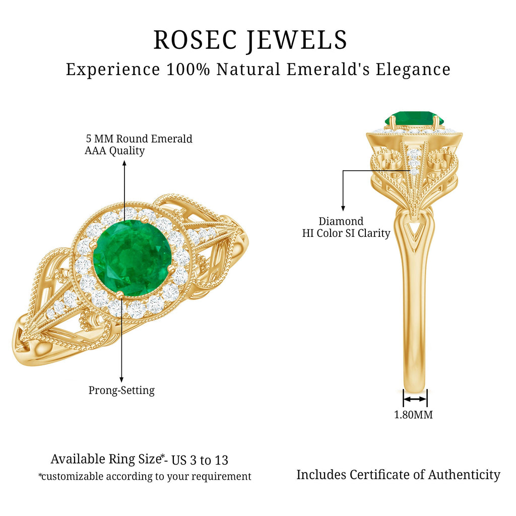 Emerald Engagement Ring – AAA Quality Vintage Halo Diamond Ring with Prong Setting