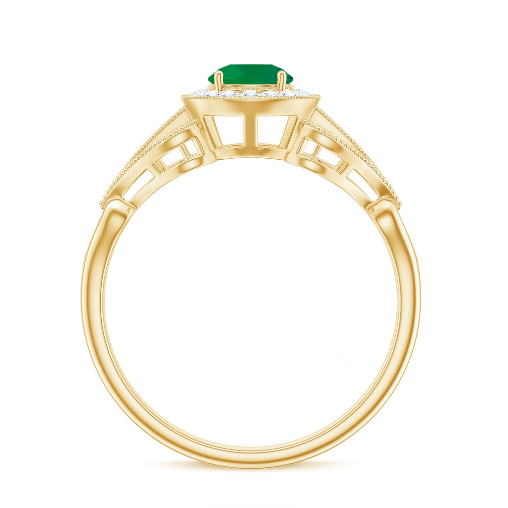 Emerald Engagement Ring – AAA Quality Vintage Halo Diamond Ring with Prong Setting