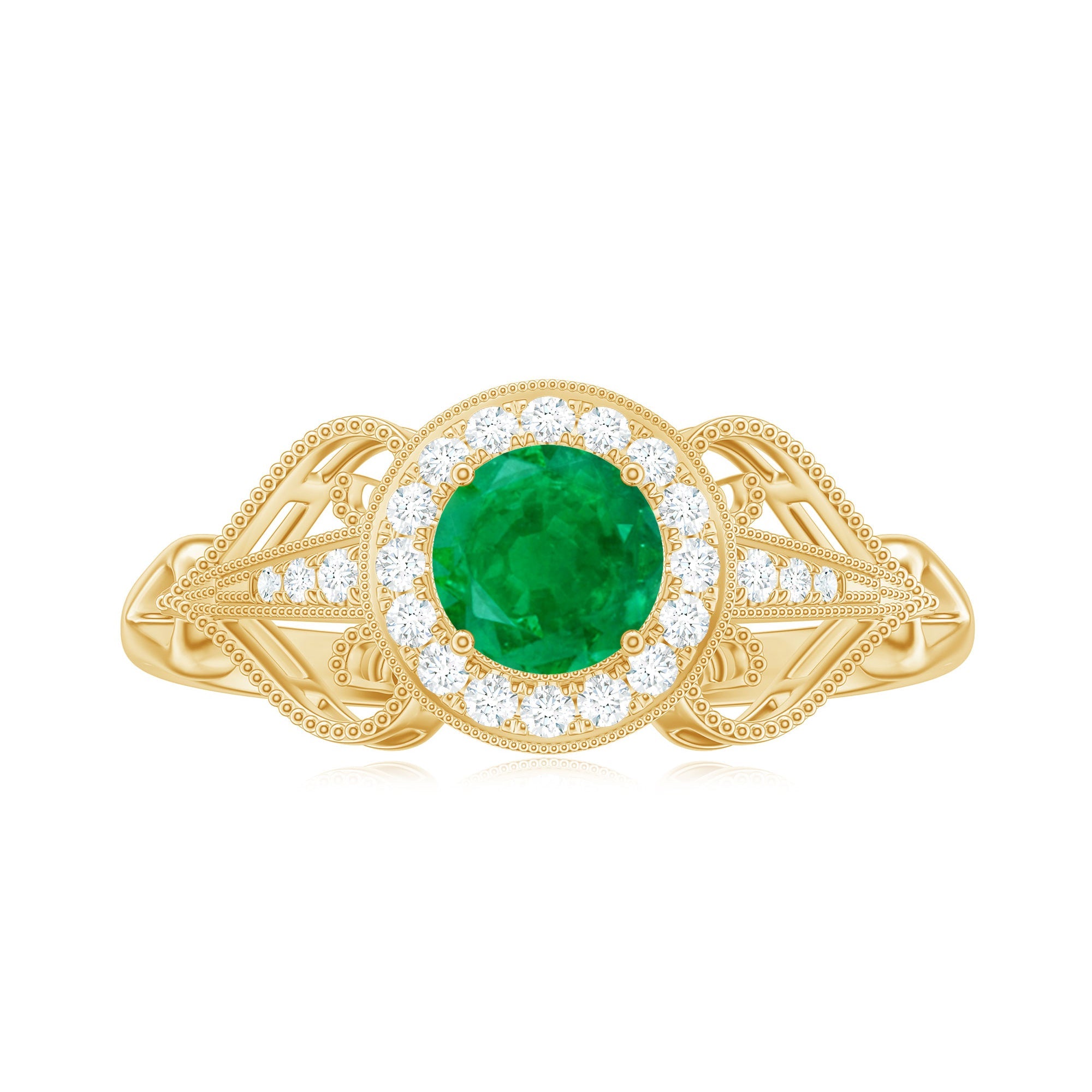 Emerald Engagement Ring – AAA Quality Vintage Halo Diamond Ring with Prong Setting
