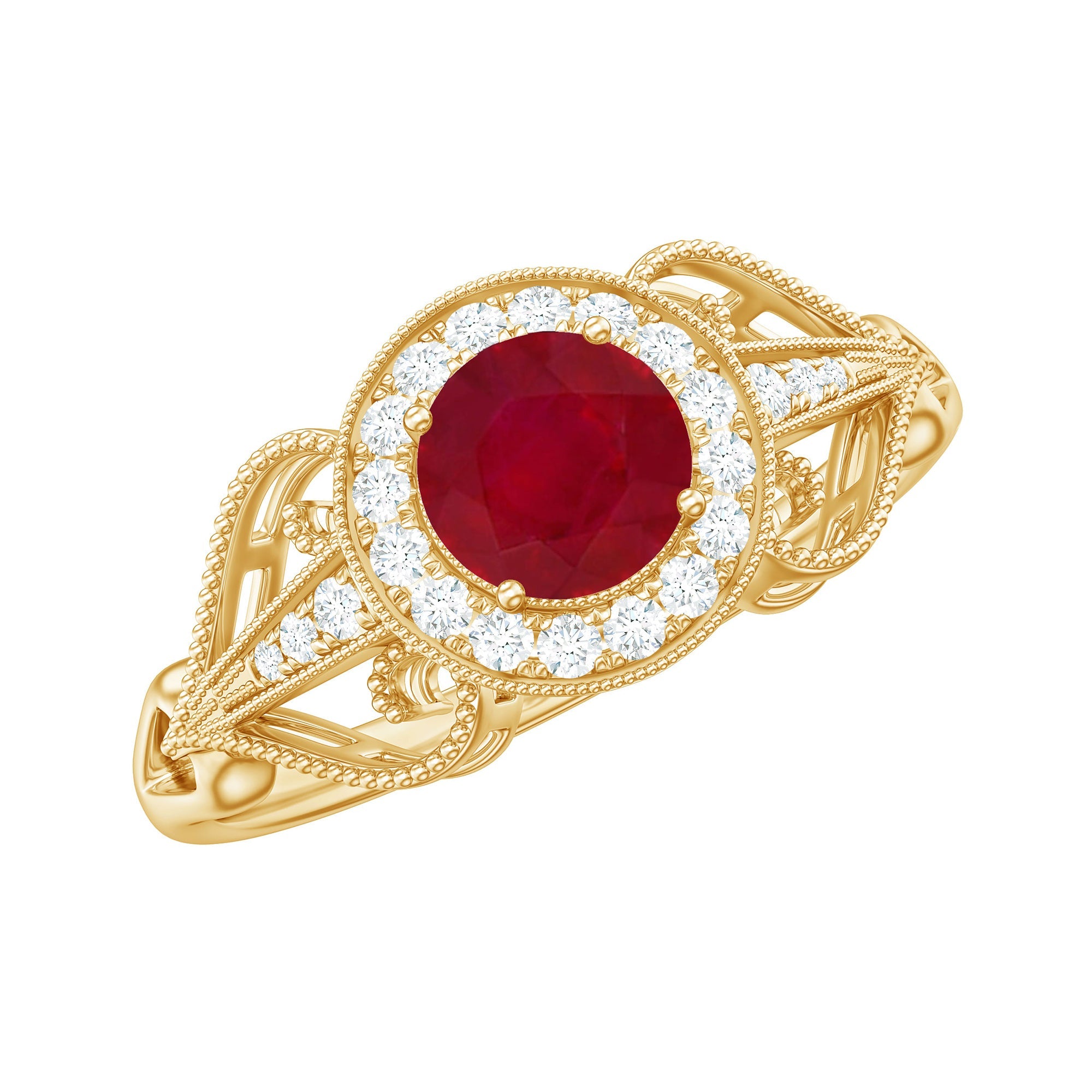 Ruby Engagement Ring – Vintage Round Cut Ruby Diamond Halo With Beaded Band
