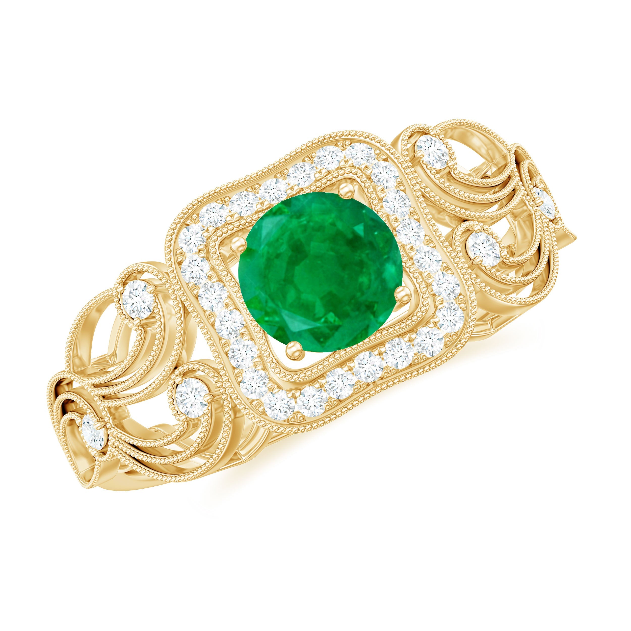 Emerald Engagement Ring Vintage Inspired – Diamond Halo, AAA Quality Green Gemstone