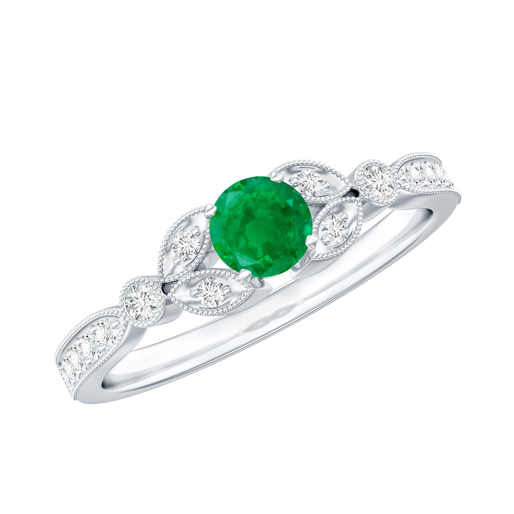 Emerald Engagement Ring – Vintage Diamond Prong Setting Beaded Band