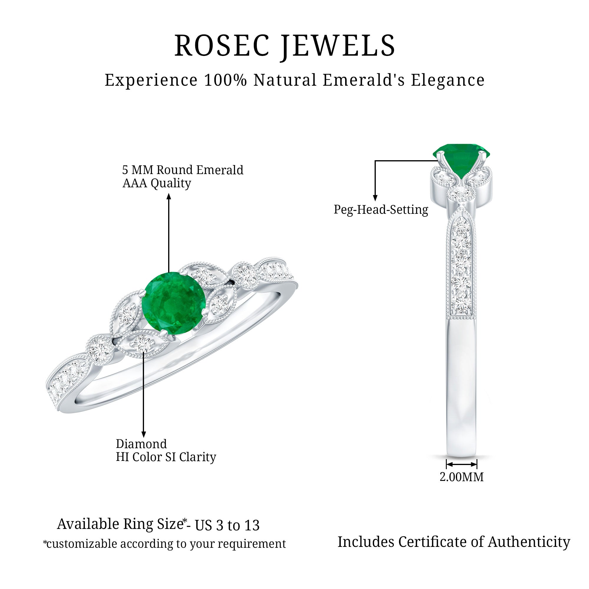 Emerald Engagement Ring – Vintage Diamond Prong Setting Beaded Band