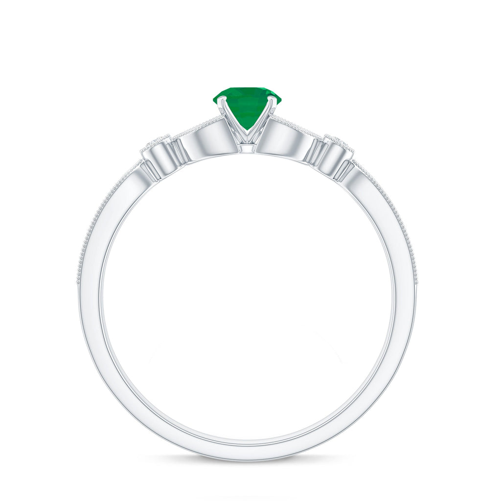 Emerald Engagement Ring – Vintage Diamond Prong Setting Beaded Band
