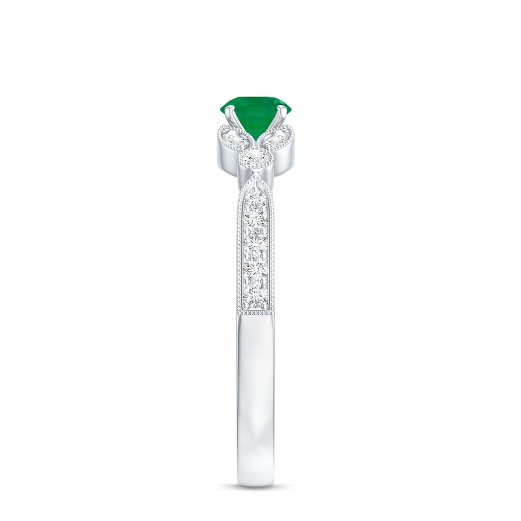 Emerald Engagement Ring – Vintage Diamond Prong Setting Beaded Band