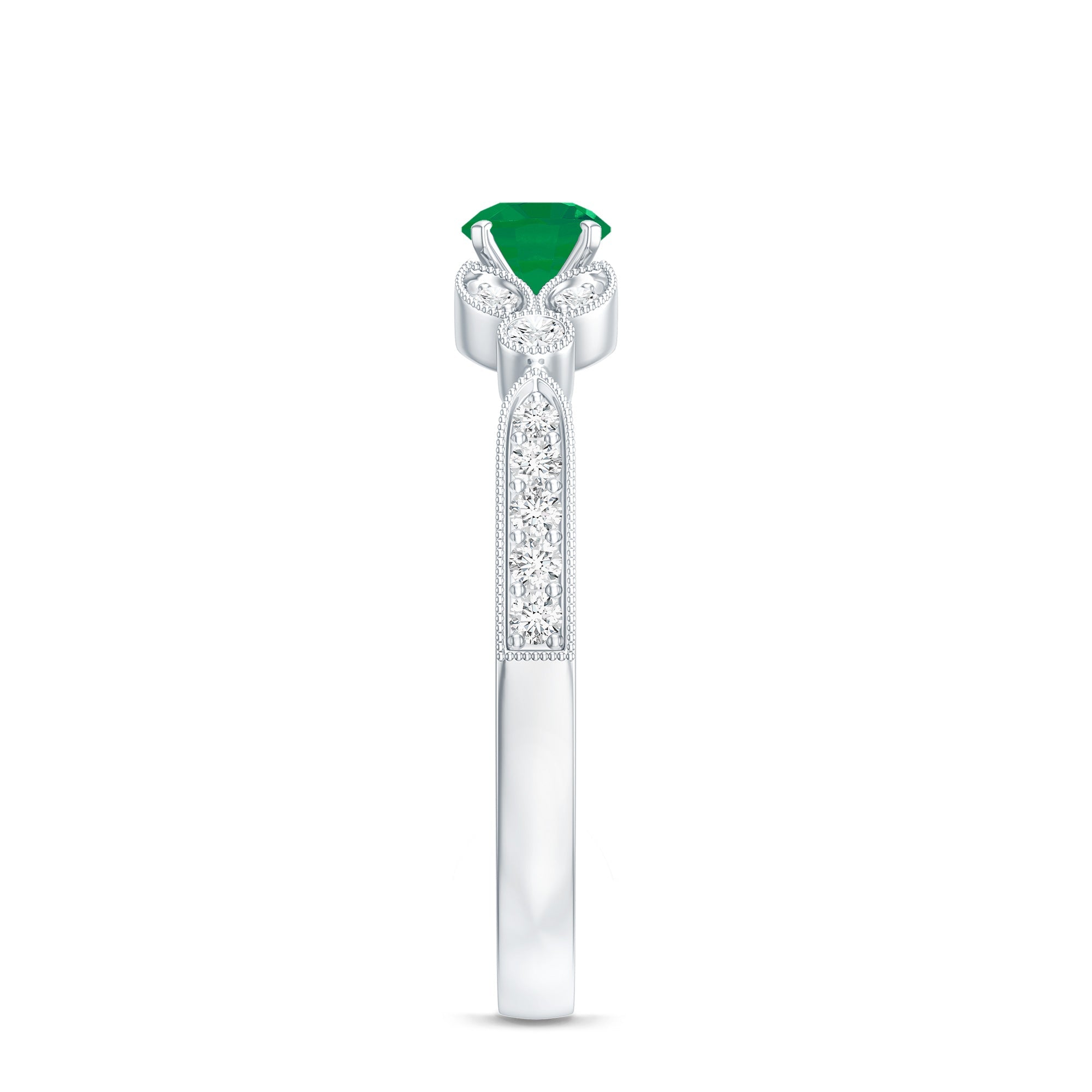 Emerald Engagement Ring – Vintage Diamond Prong Setting Beaded Band