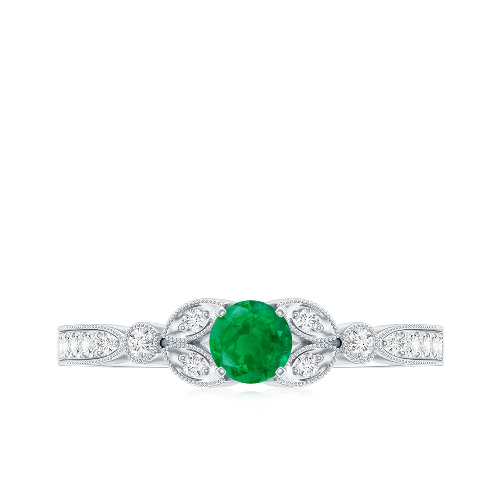 Emerald Engagement Ring – Vintage Diamond Prong Setting Beaded Band