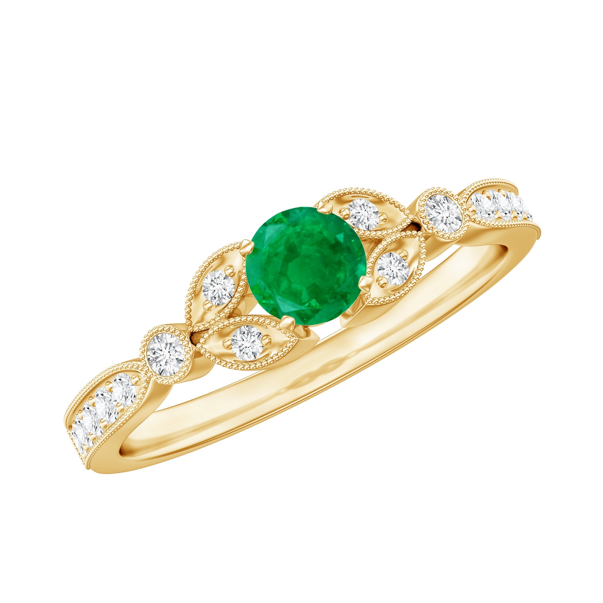 Emerald Engagement Ring – Vintage Diamond Prong Setting Beaded Band