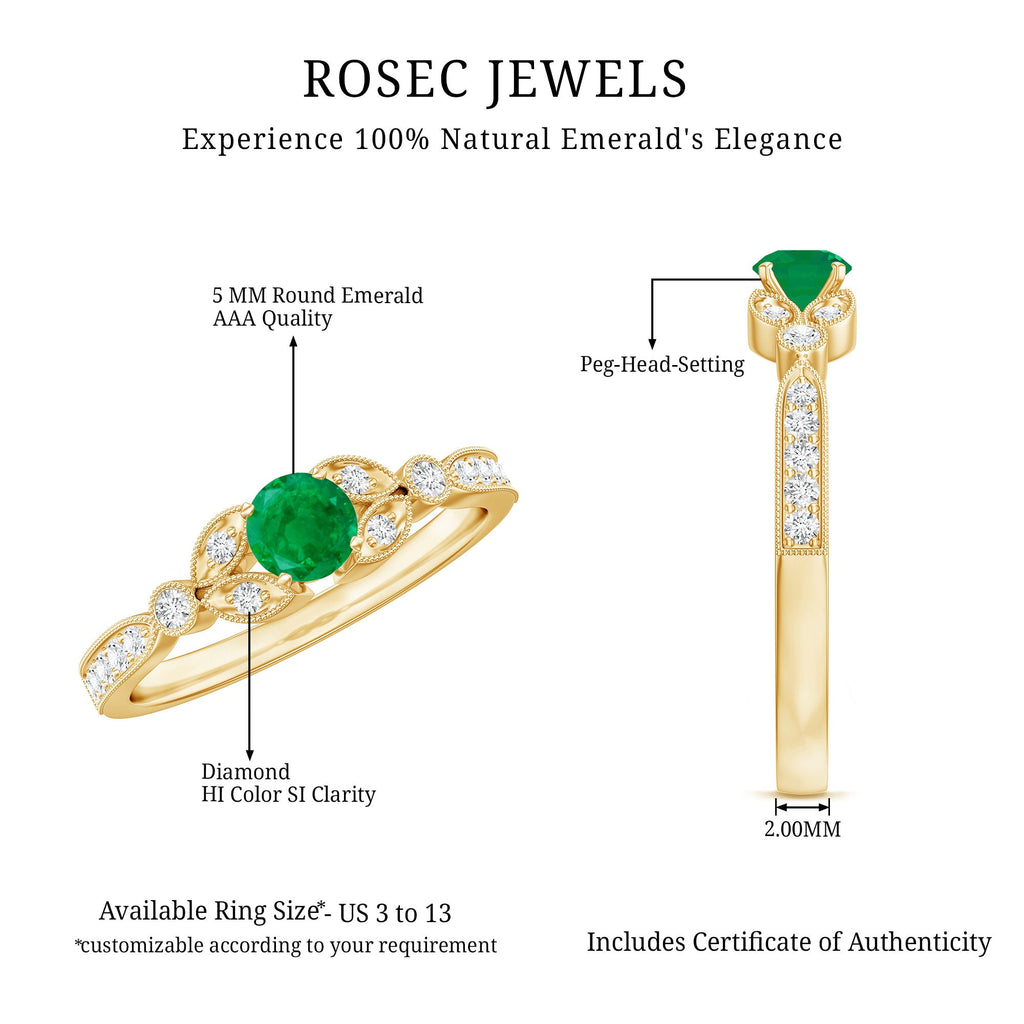 Emerald Engagement Ring – Vintage Diamond Prong Setting Beaded Band
