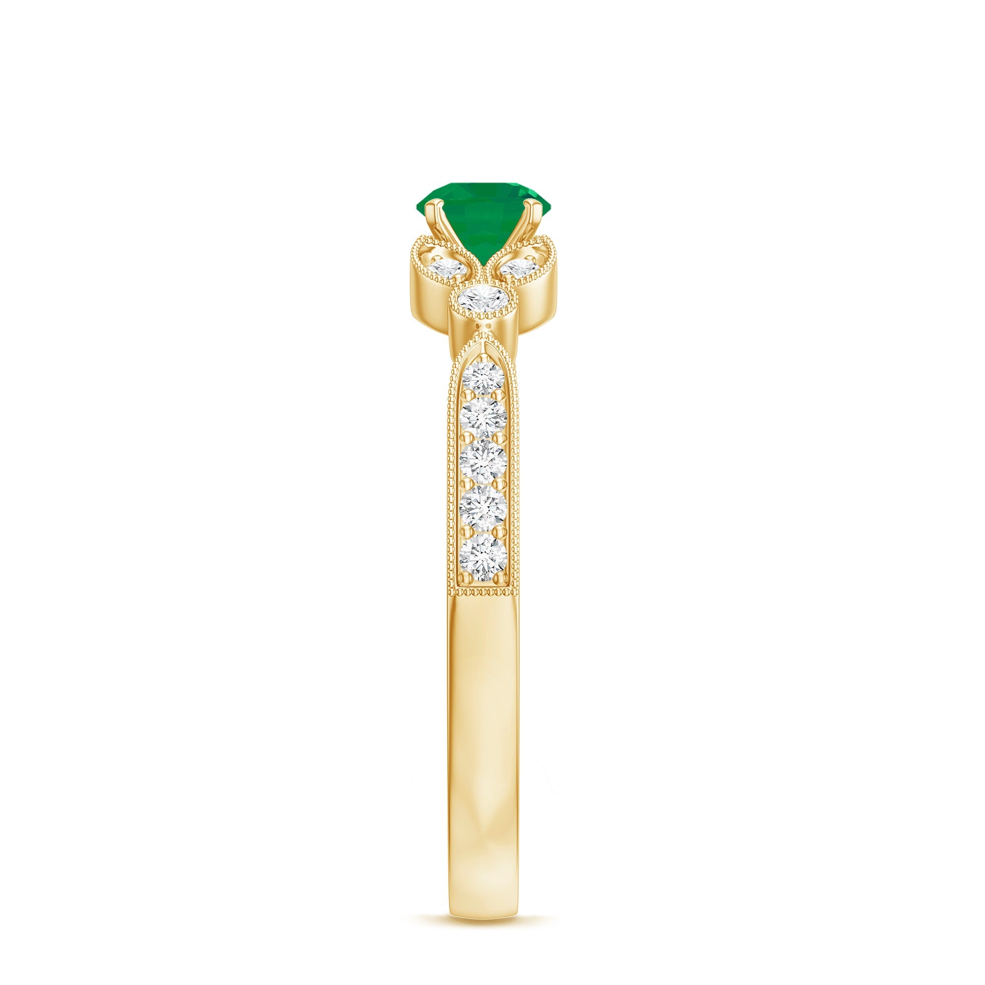 Emerald Engagement Ring – Vintage Diamond Prong Setting Beaded Band