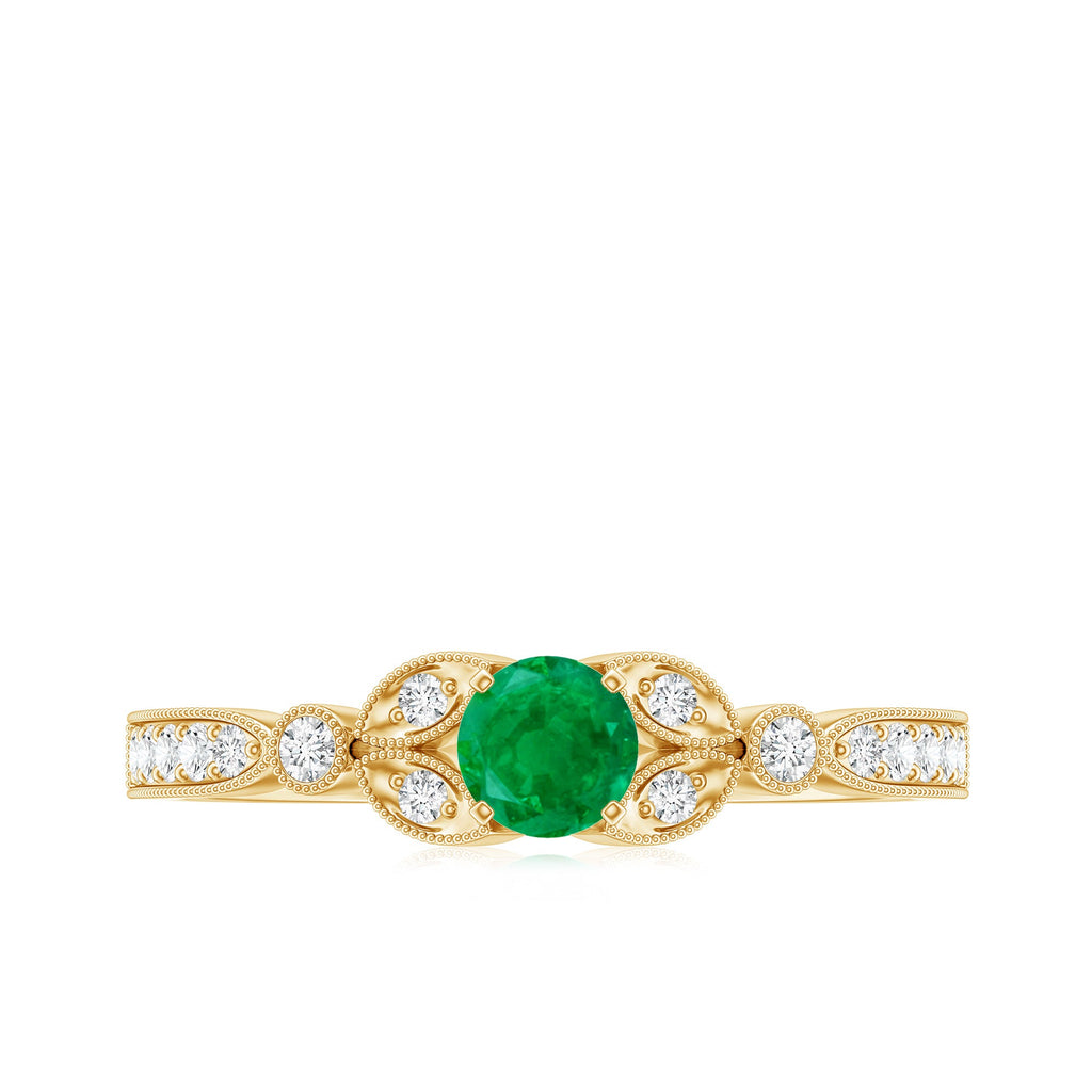 Emerald Engagement Ring – Vintage Diamond Prong Setting Beaded Band