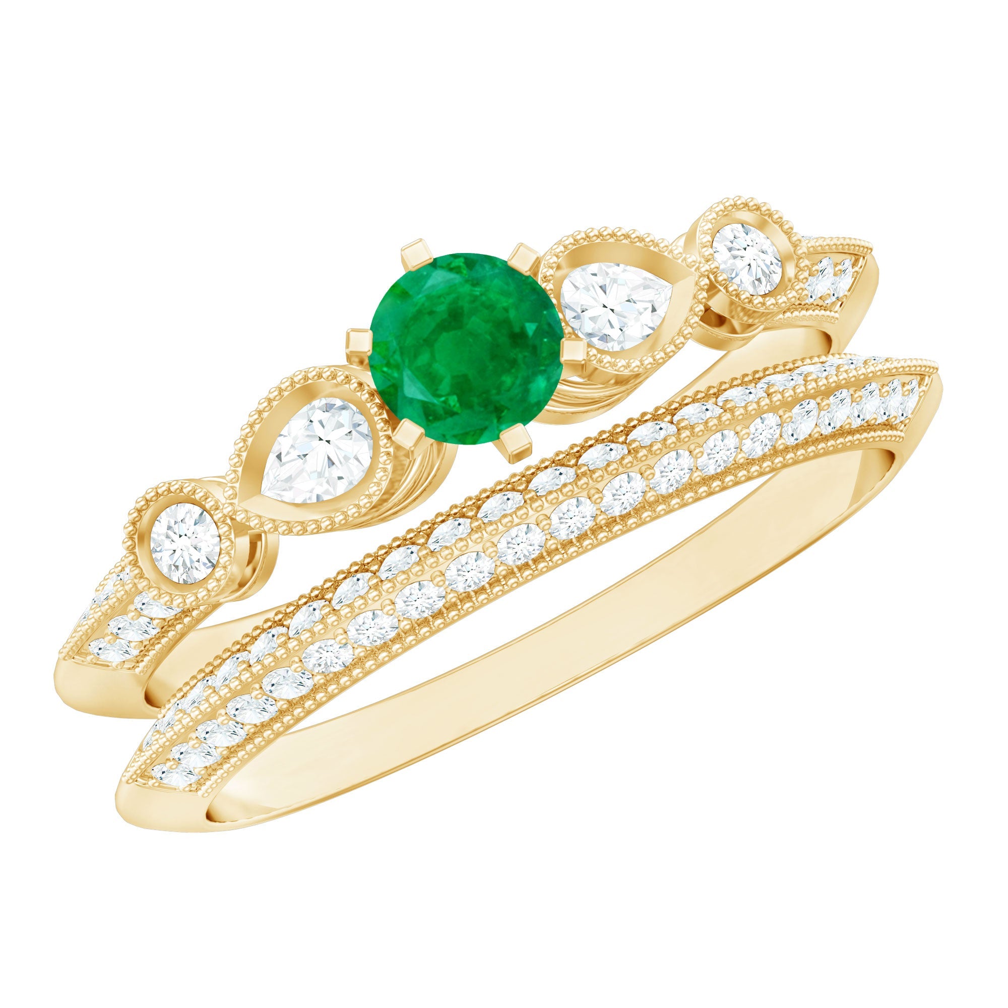 Emerald Wedding Ring Vintage Bridal Set – Diamond Accented Band With 6 Prong Setting