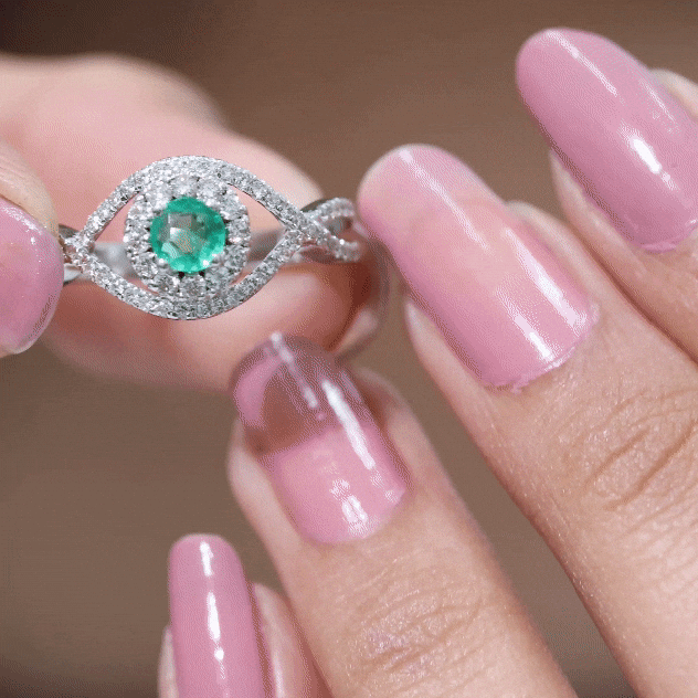 Emerald Engagement Ring – Natural Emerald Diamond Halo Ring with Crossover Shank