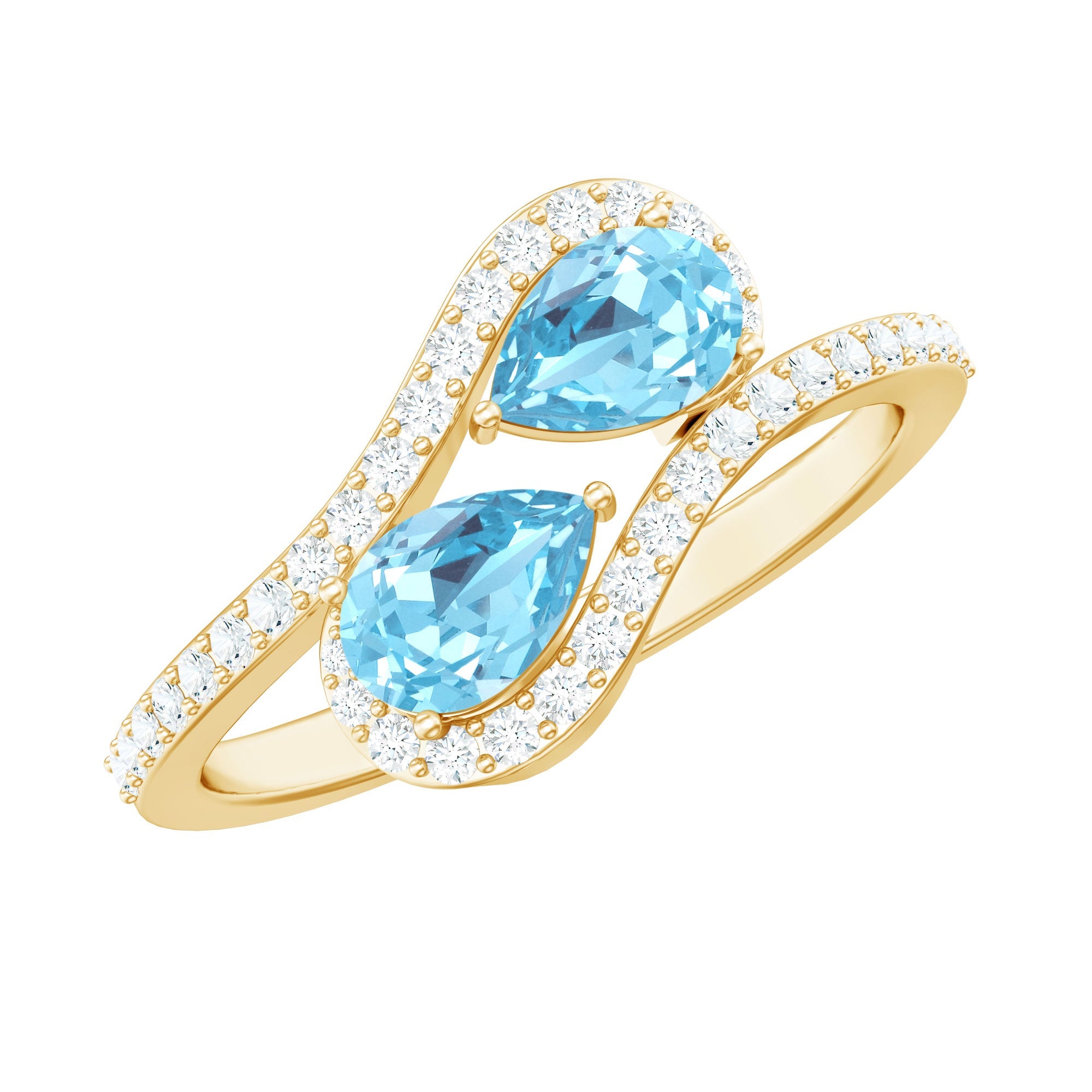 Aquamarine Engagement Ring – Two Stone Pear Shaped Bypass Shank With Diamonds