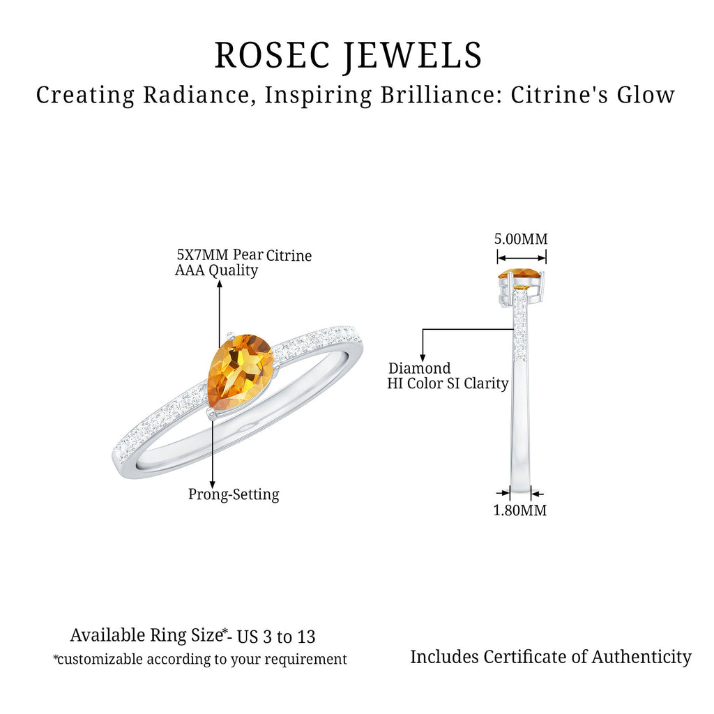Pear Shape Citrine Ring – Elegant AAA Quality Engagement Band With Diamond Accents