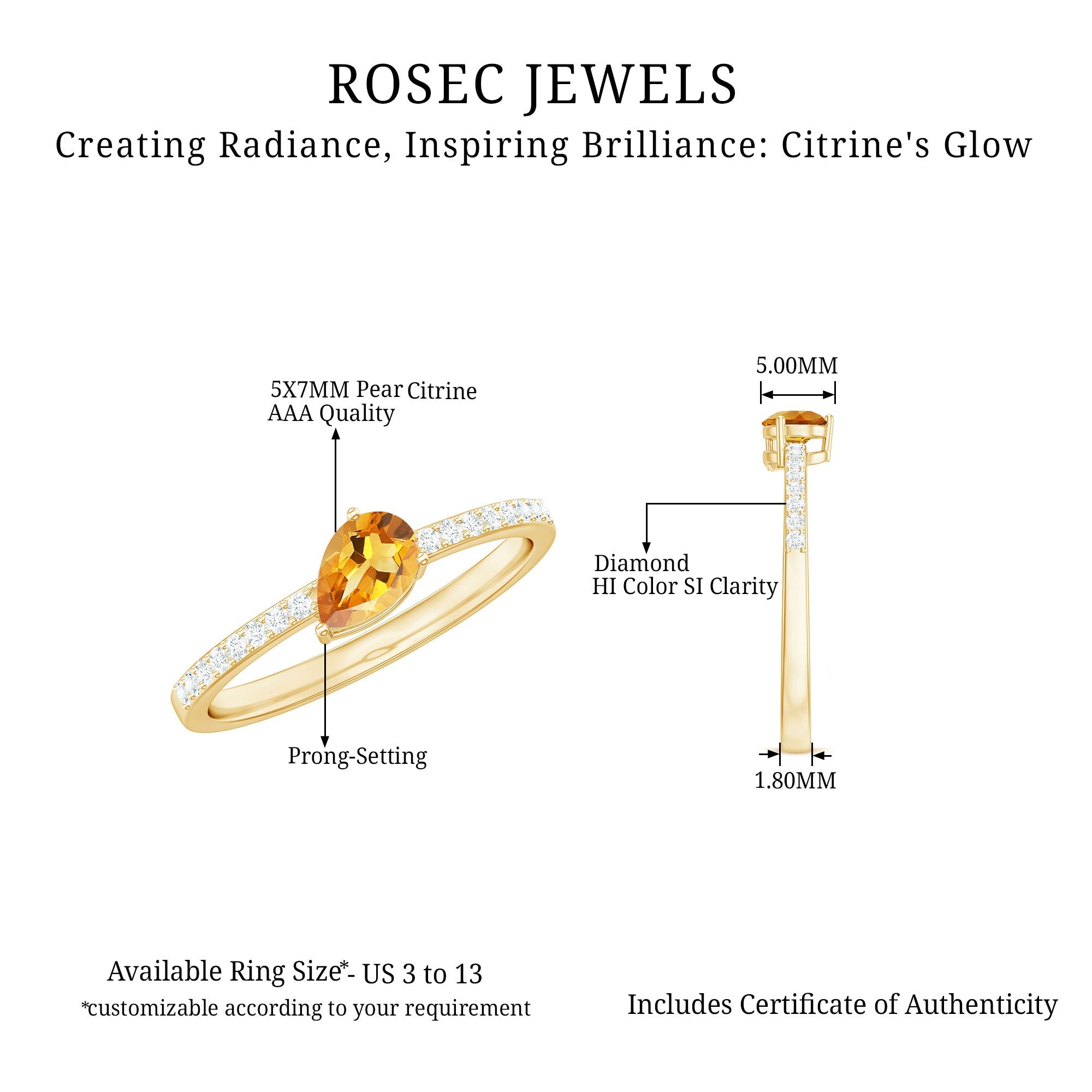 Pear Shape Citrine Ring – Elegant AAA Quality Engagement Band With Diamond Accents