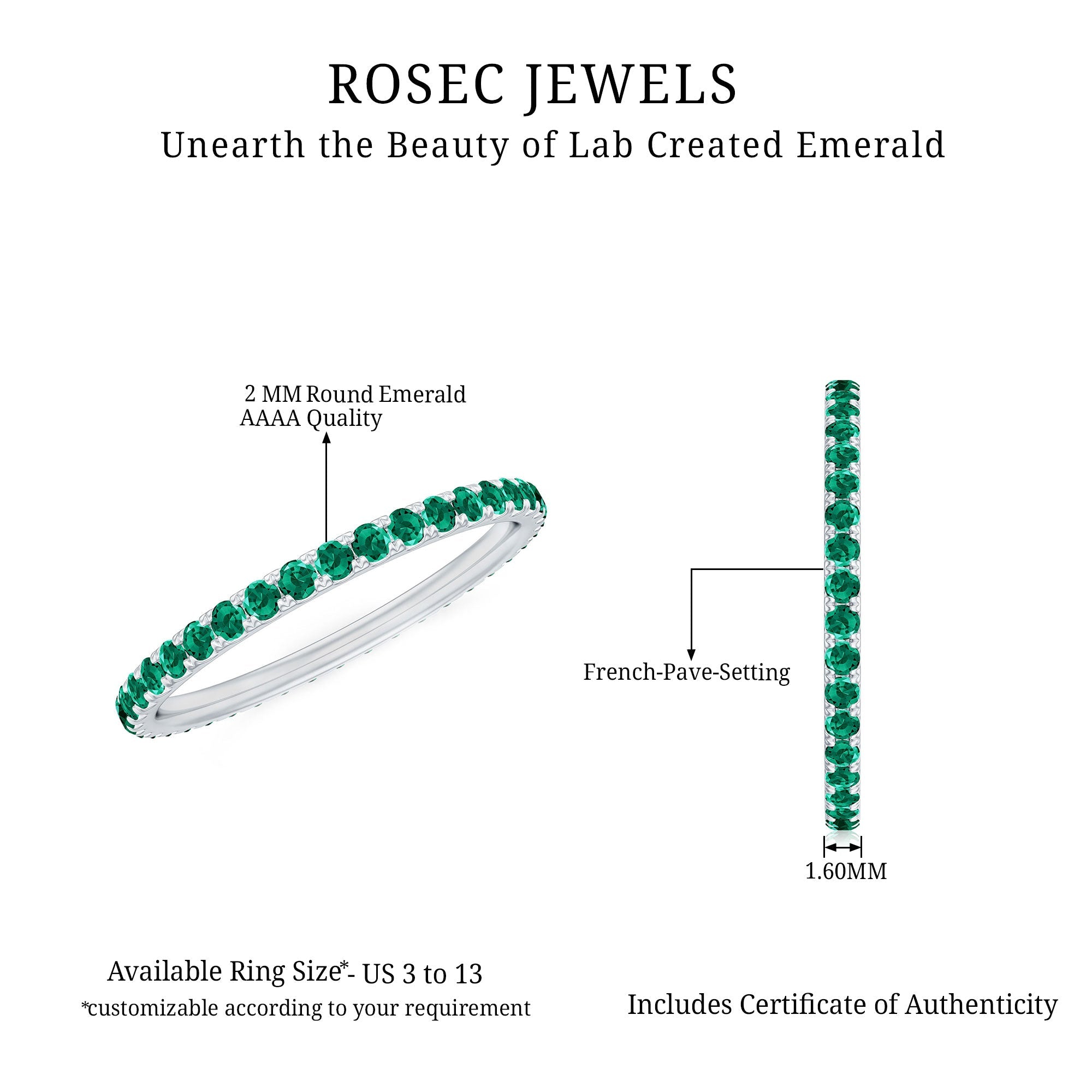 Lab Grown Emerald Ring – Stackable Eternity Style Band with AAAA Quality Green Gemstone